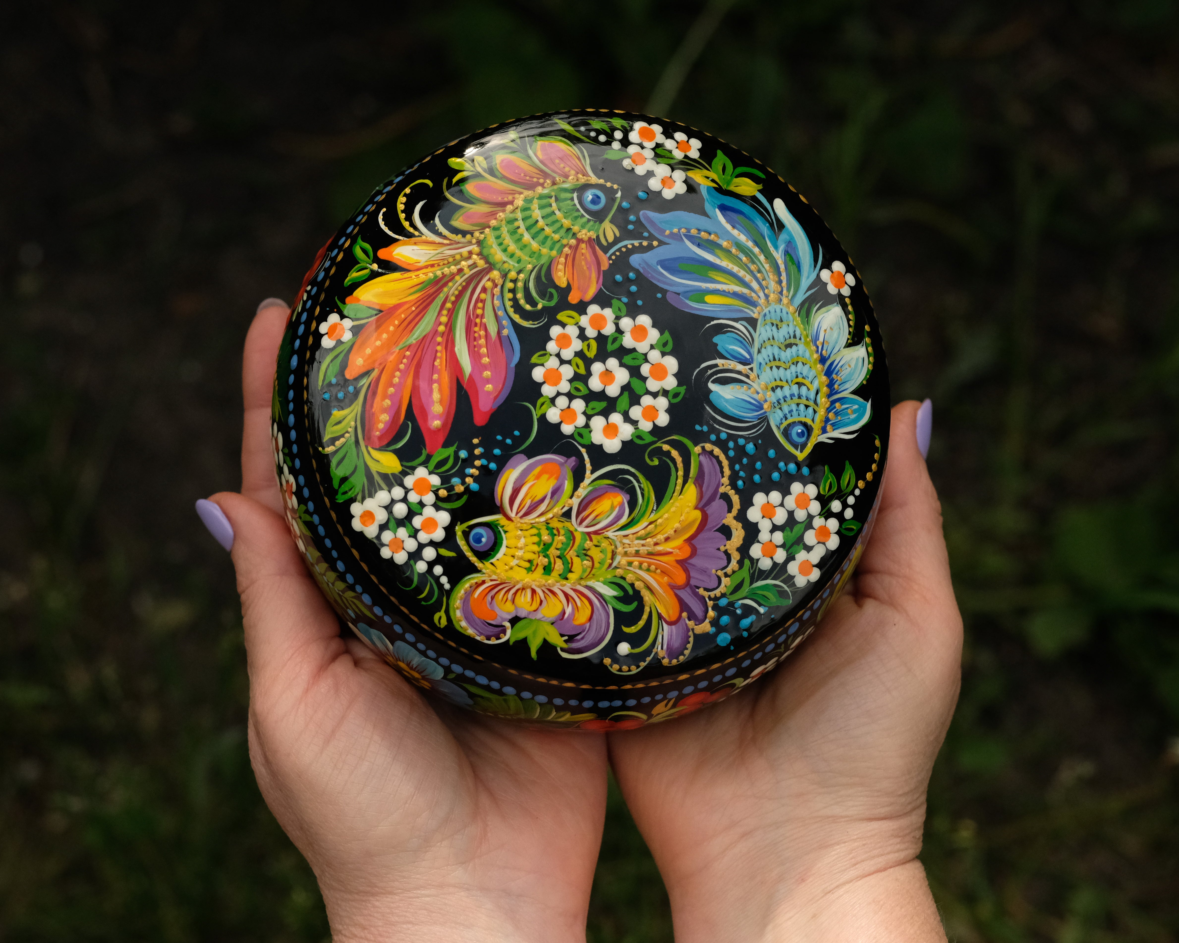 Hand-painted Wooden Jewelry Box - 5.1 in Petrykivka Art, Round Fairy Fish Trinket Box, Woodworking Jewelry Box