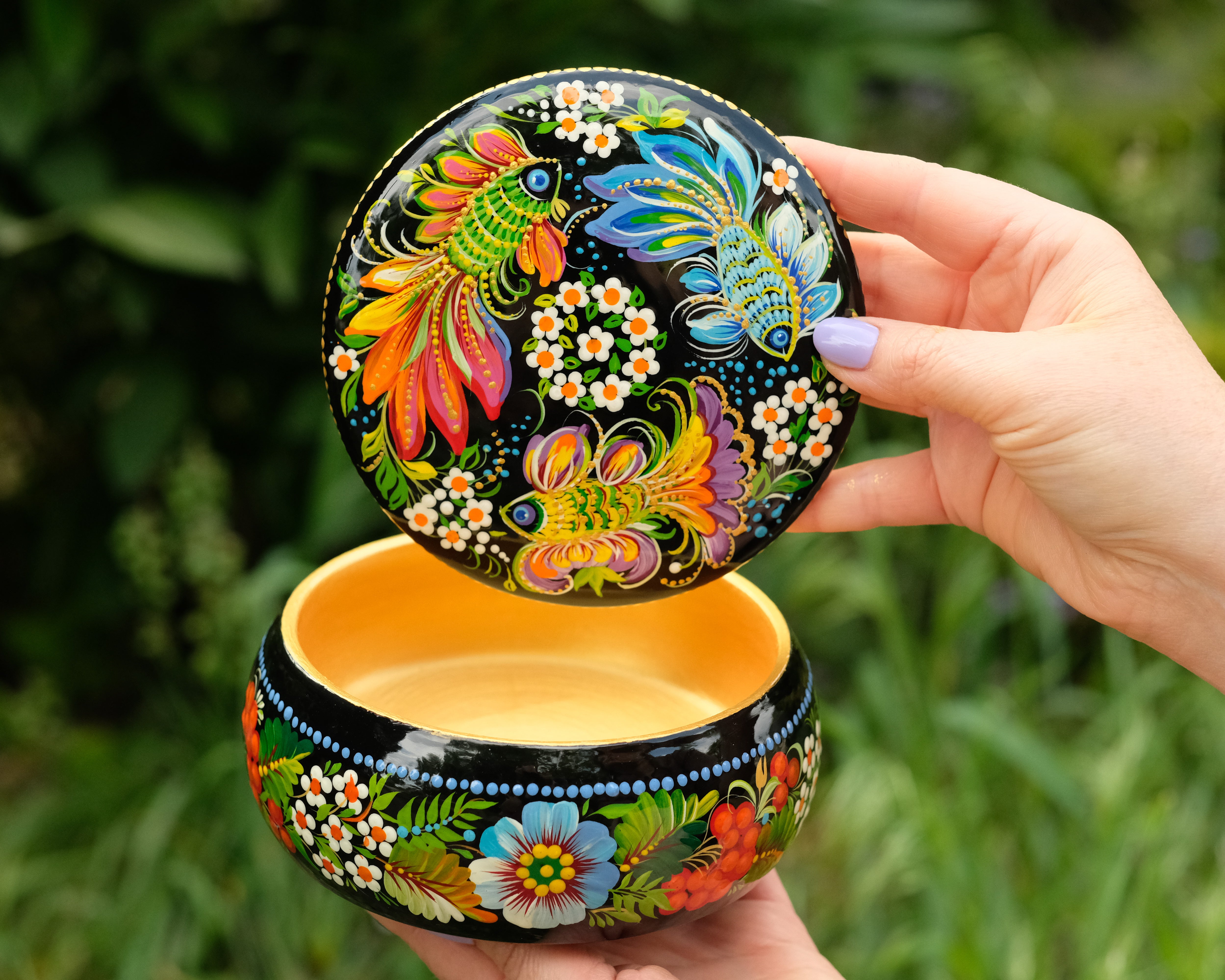 Hand-painted Wooden Jewelry Box - 5.1 in Petrykivka Art, Round Fairy Fish Trinket Box, Woodworking Jewelry Box