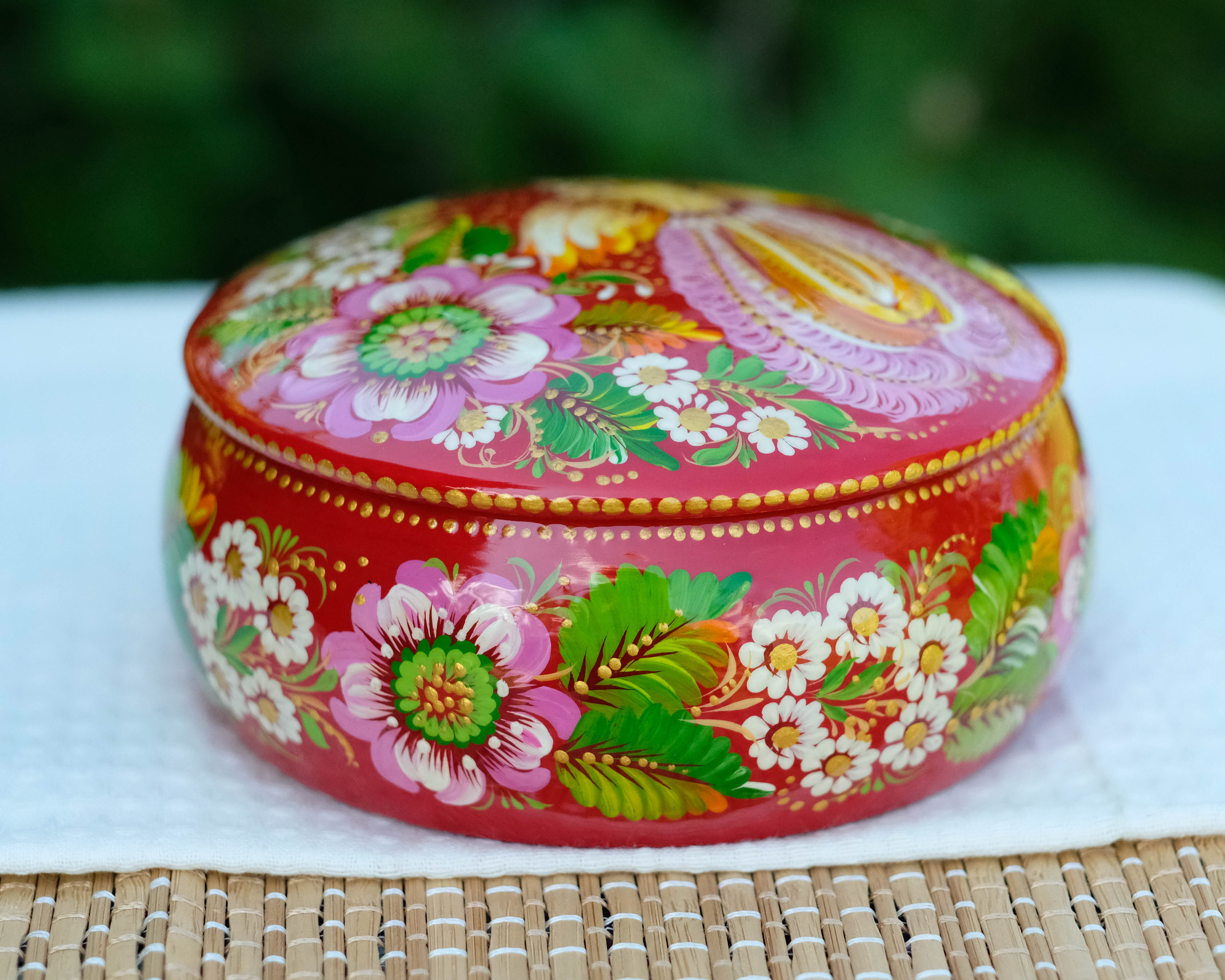 Hand-painted Wooden Jewelry Box - 5.1 in Petrykivka Art, Round Red Flower Trinket Box with Fairy Bird