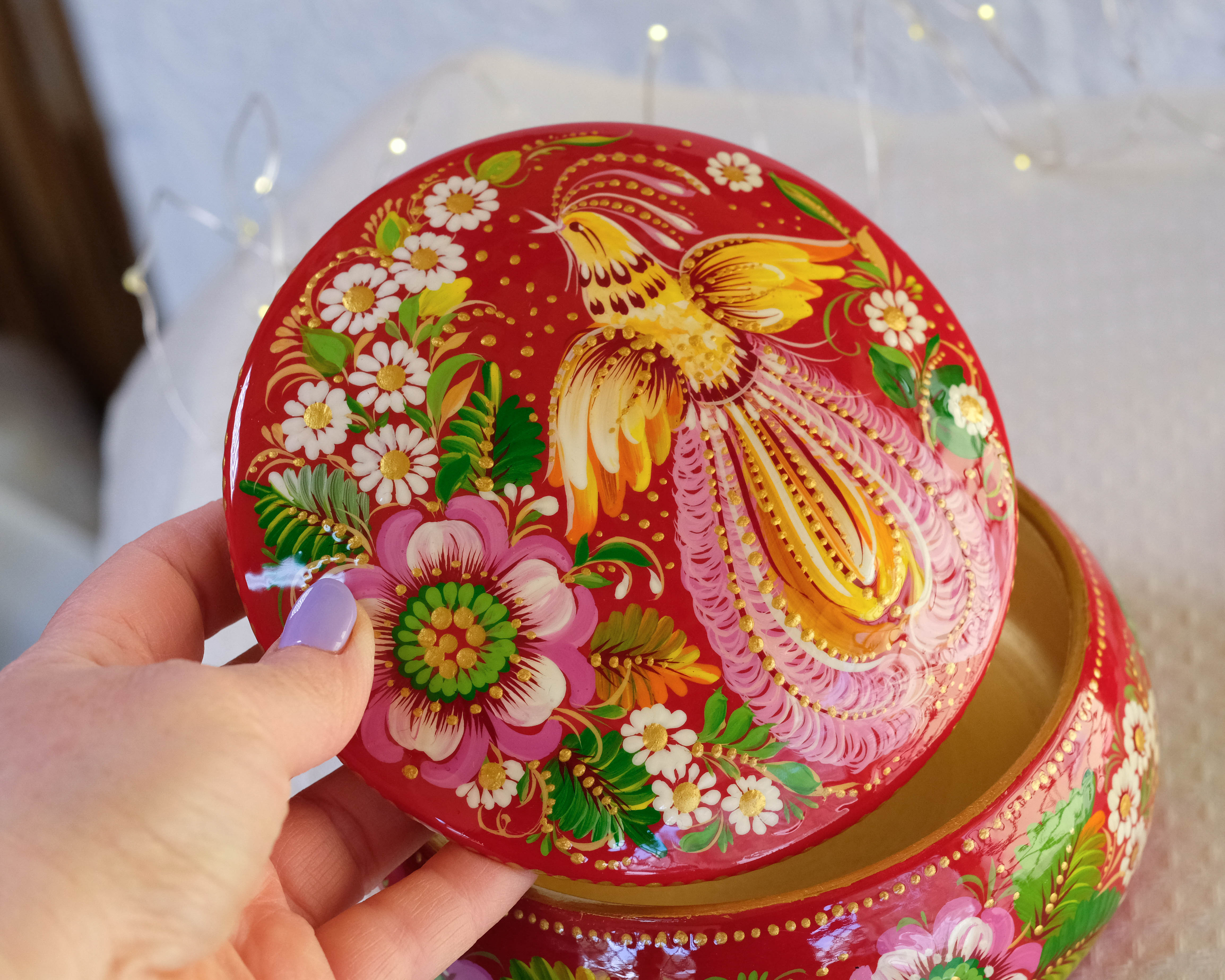 Hand-painted Wooden Jewelry Box - 5.1 in Petrykivka Art, Round Red Flower Trinket Box with Fairy Bird