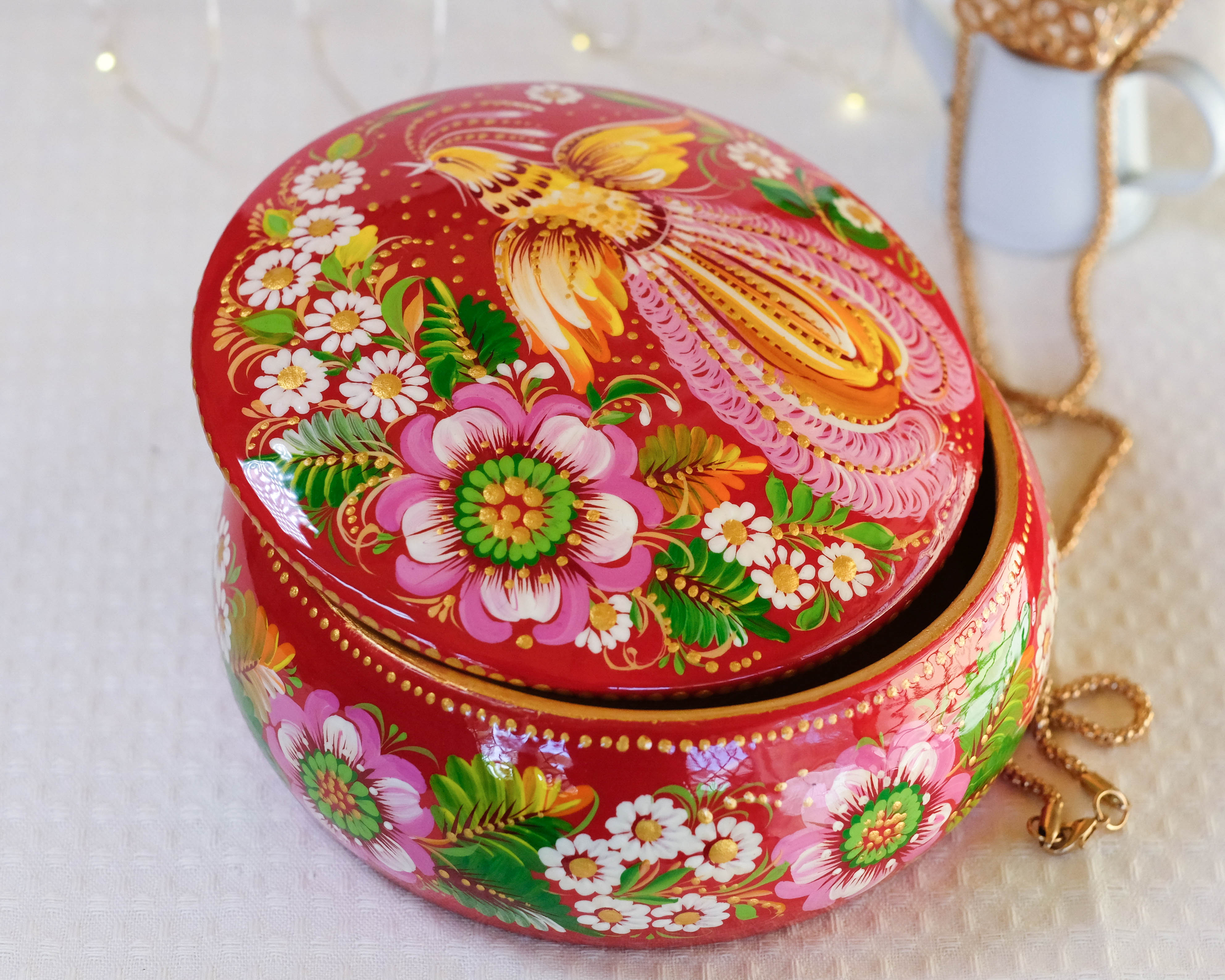 Hand-painted Wooden Jewelry Box - 5.1 in Petrykivka Art, Round Red Flower Trinket Box with Fairy Bird