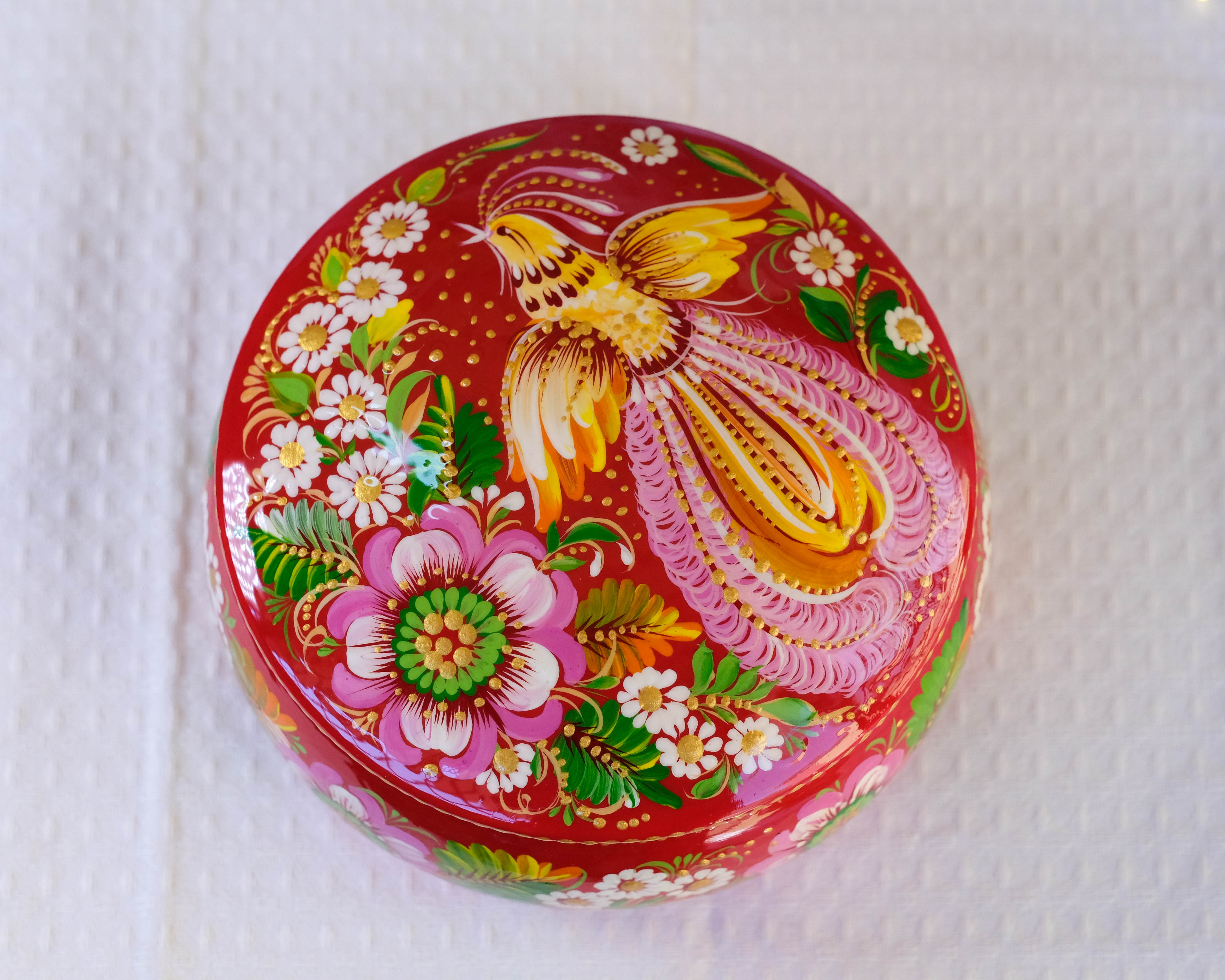 Hand-painted Wooden Jewelry Box - 5.1 in Petrykivka Art, Round Red Flower Trinket Box with Fairy Bird