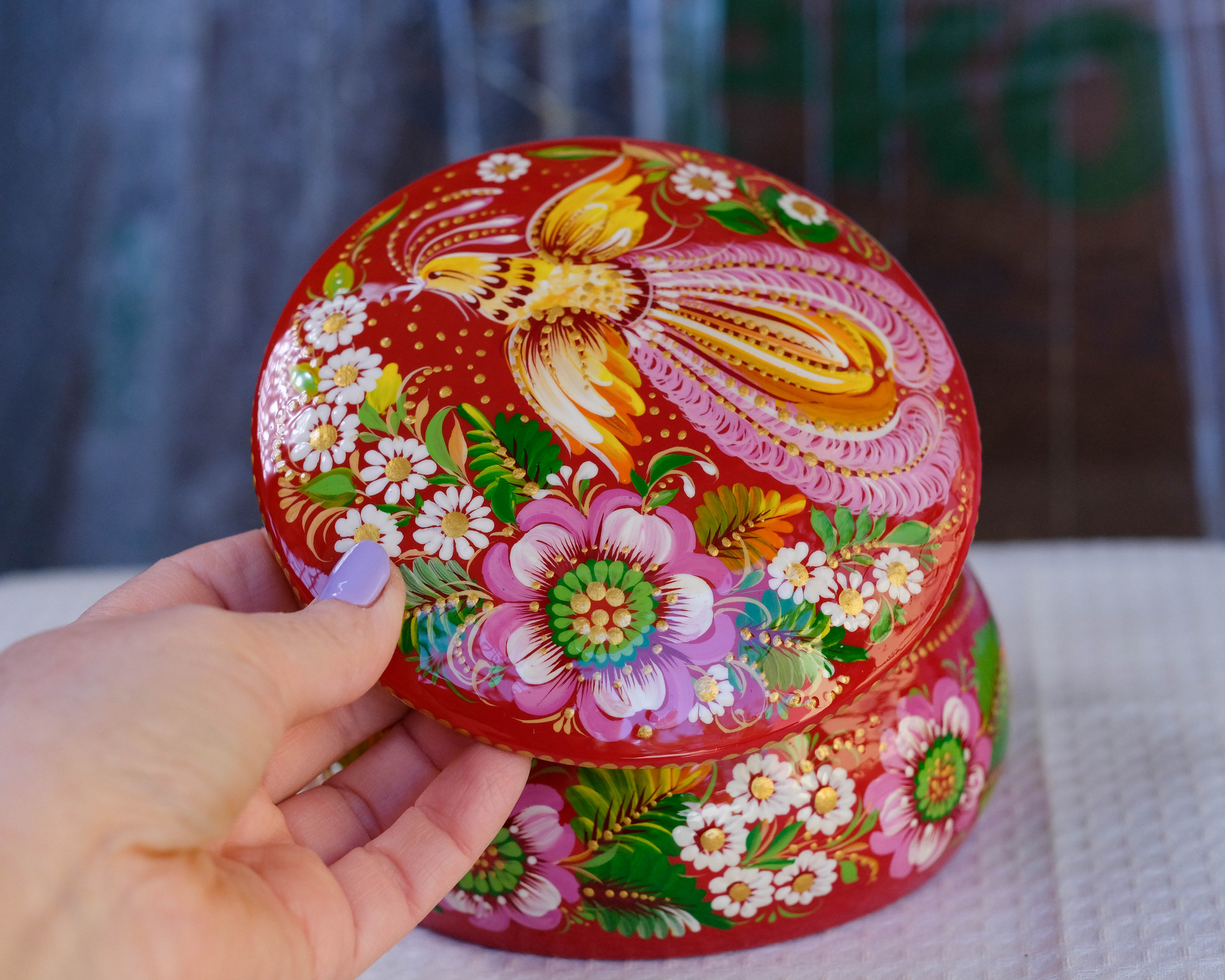 Hand-painted Wooden Jewelry Box - 5.1 in Petrykivka Art, Round Red Flower Trinket Box with Fairy Bird