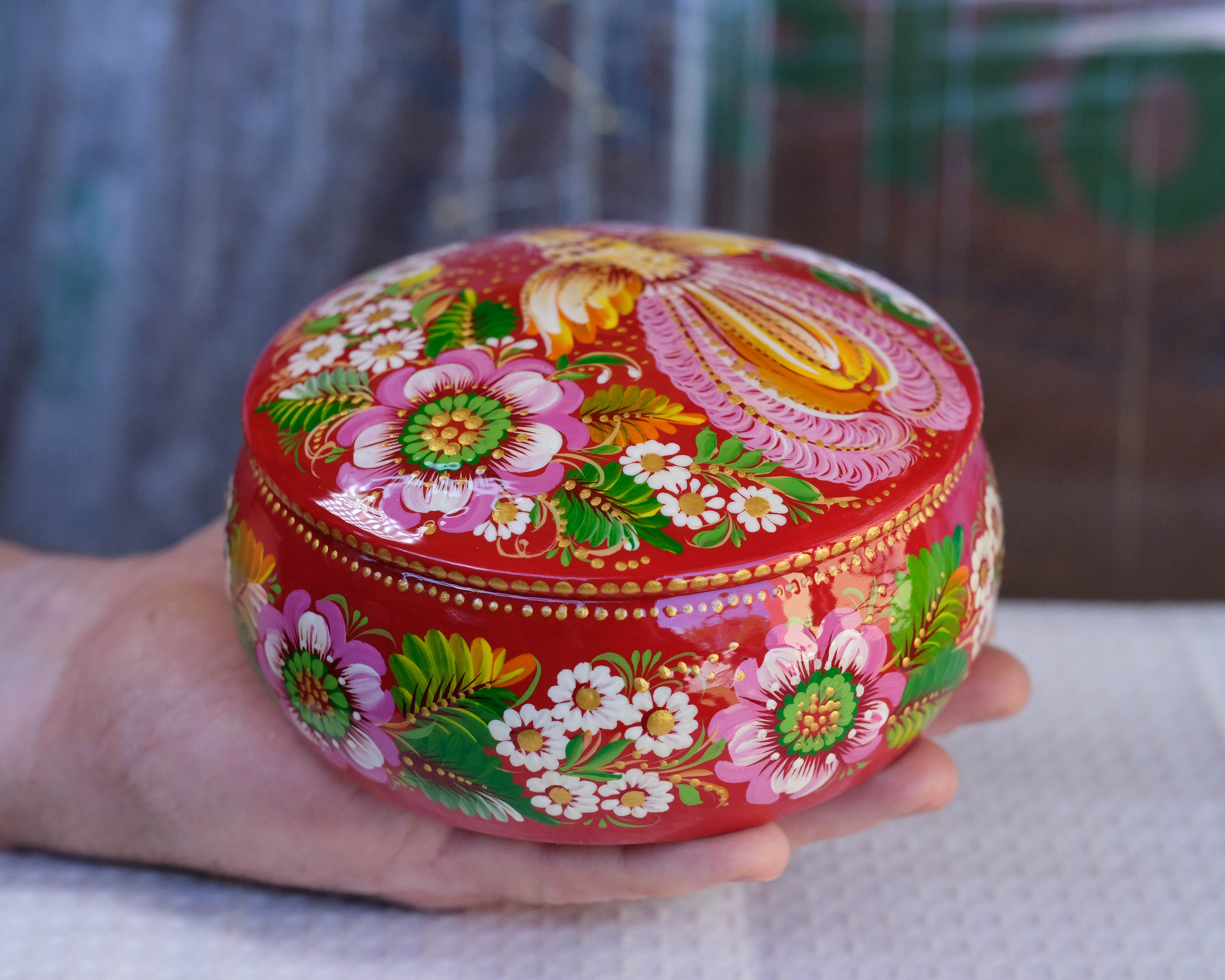 Hand-painted Wooden Jewelry Box - 5.1 in Petrykivka Art, Round Red Flower Trinket Box with Fairy Bird