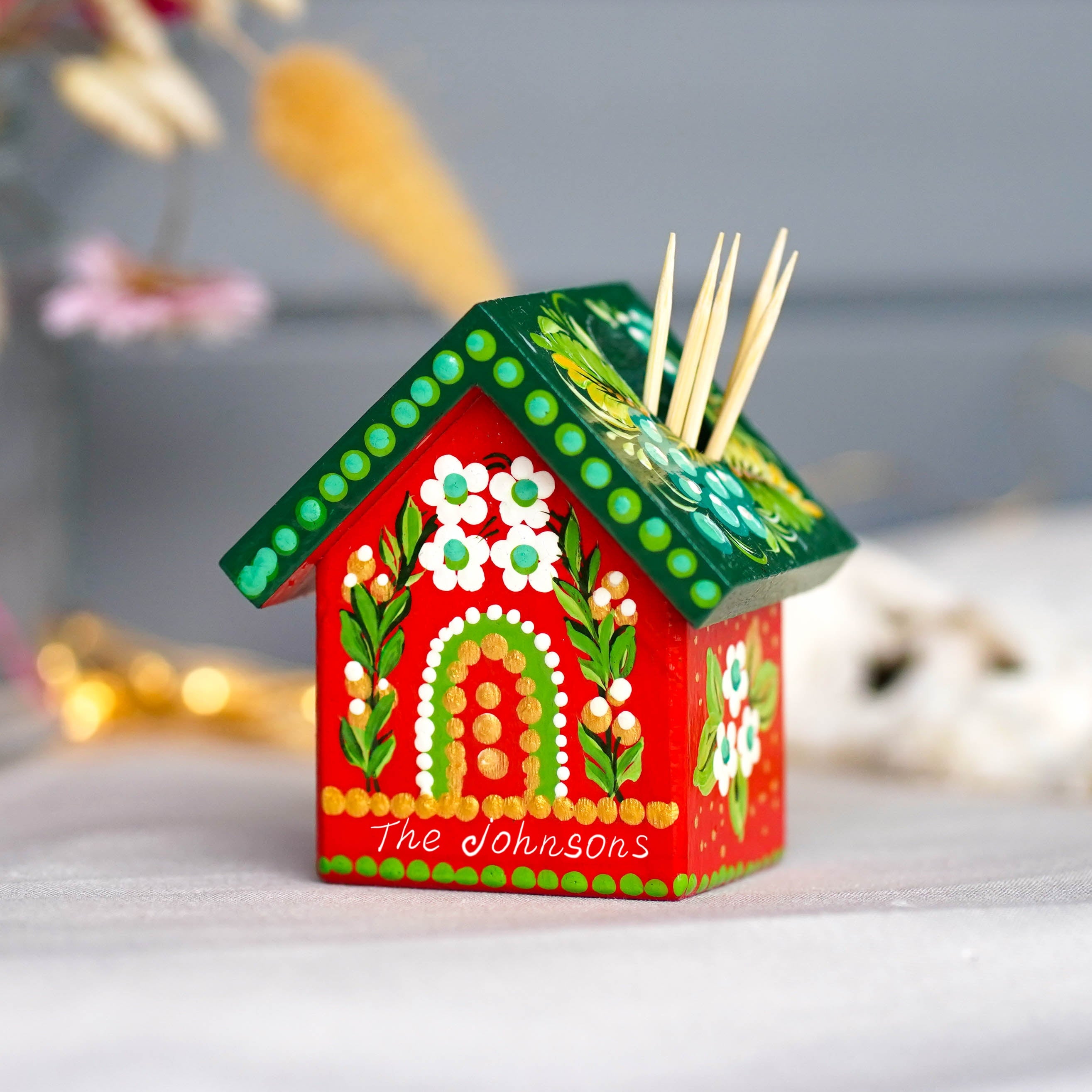 Handmade Wooden Personalized House-shaped Toothpick Holder - Petrykivka Art Painted Christmas Table Decor