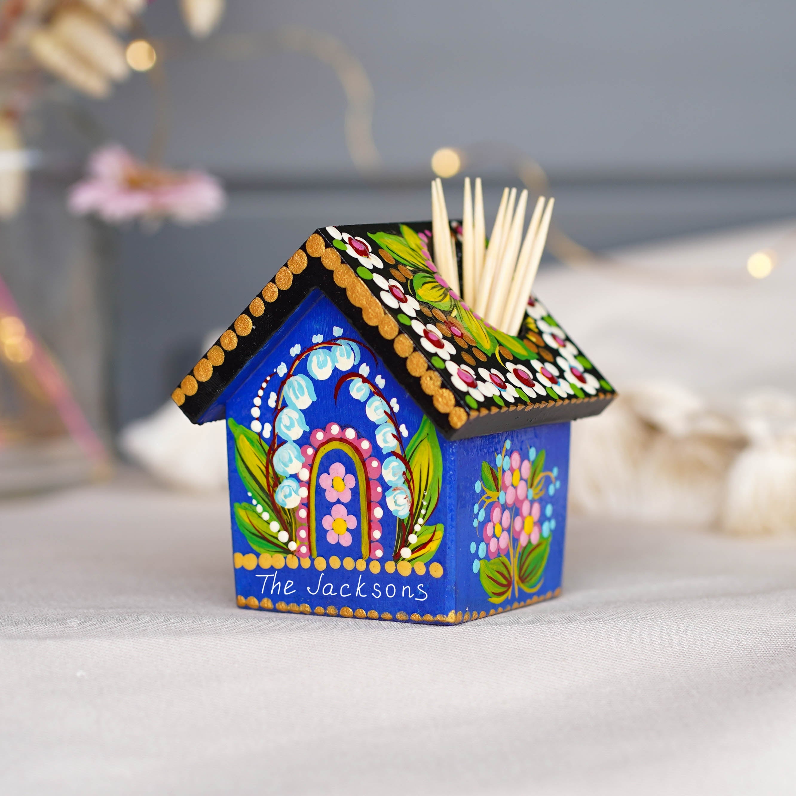 Handmade Wooden Personalized House-shaped Toothpick Holder - Petrykivka Art Blue Lily of the Valley Painted Table Decor