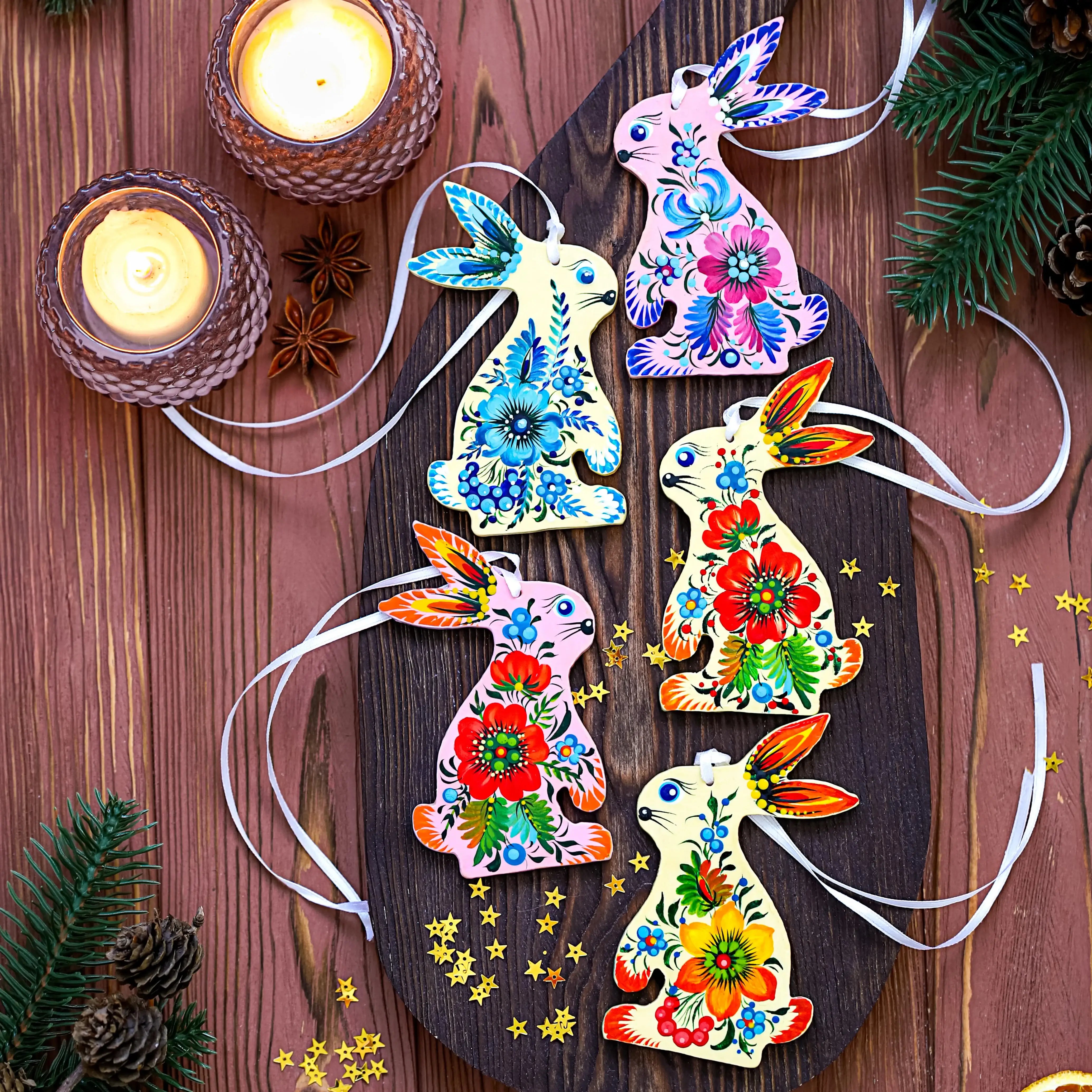 Set of 5 Painted Wooden Bunny Christmas Ornaments