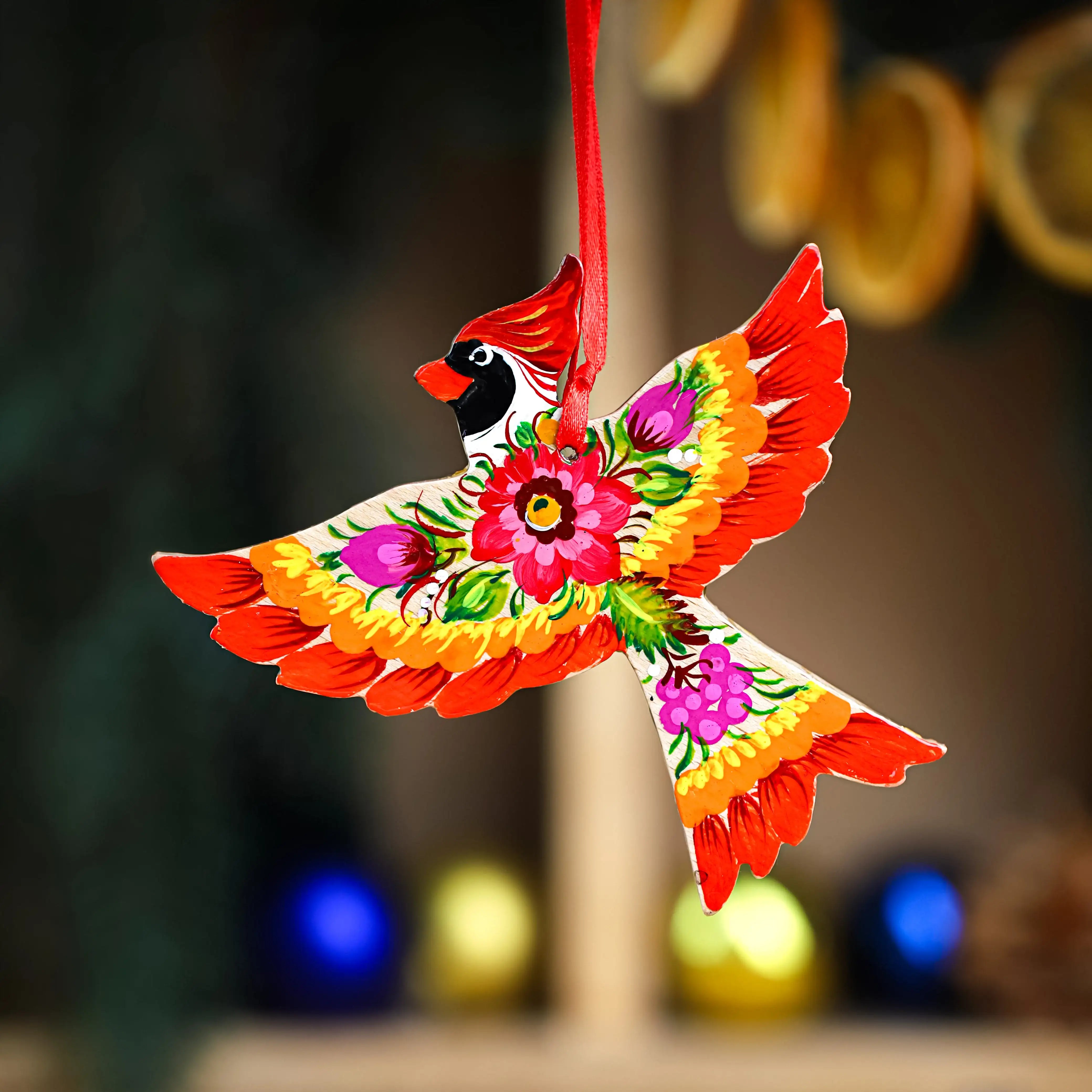 Set of 2 Painted Wooden Cardinal Christmas Ornaments