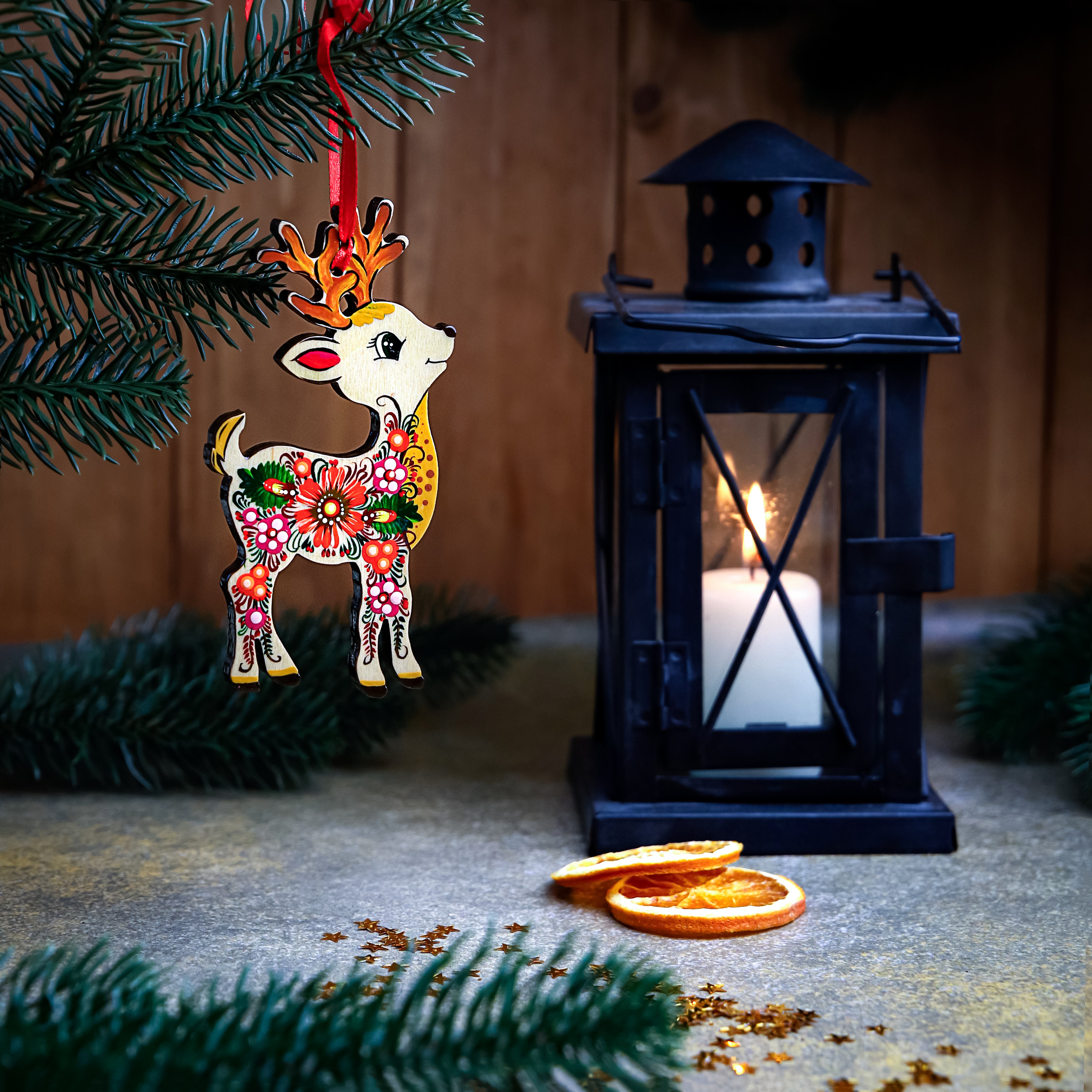 Set of 7 Hand-painted Wooden Deer Christmas Ornaments with Petrykivka Art