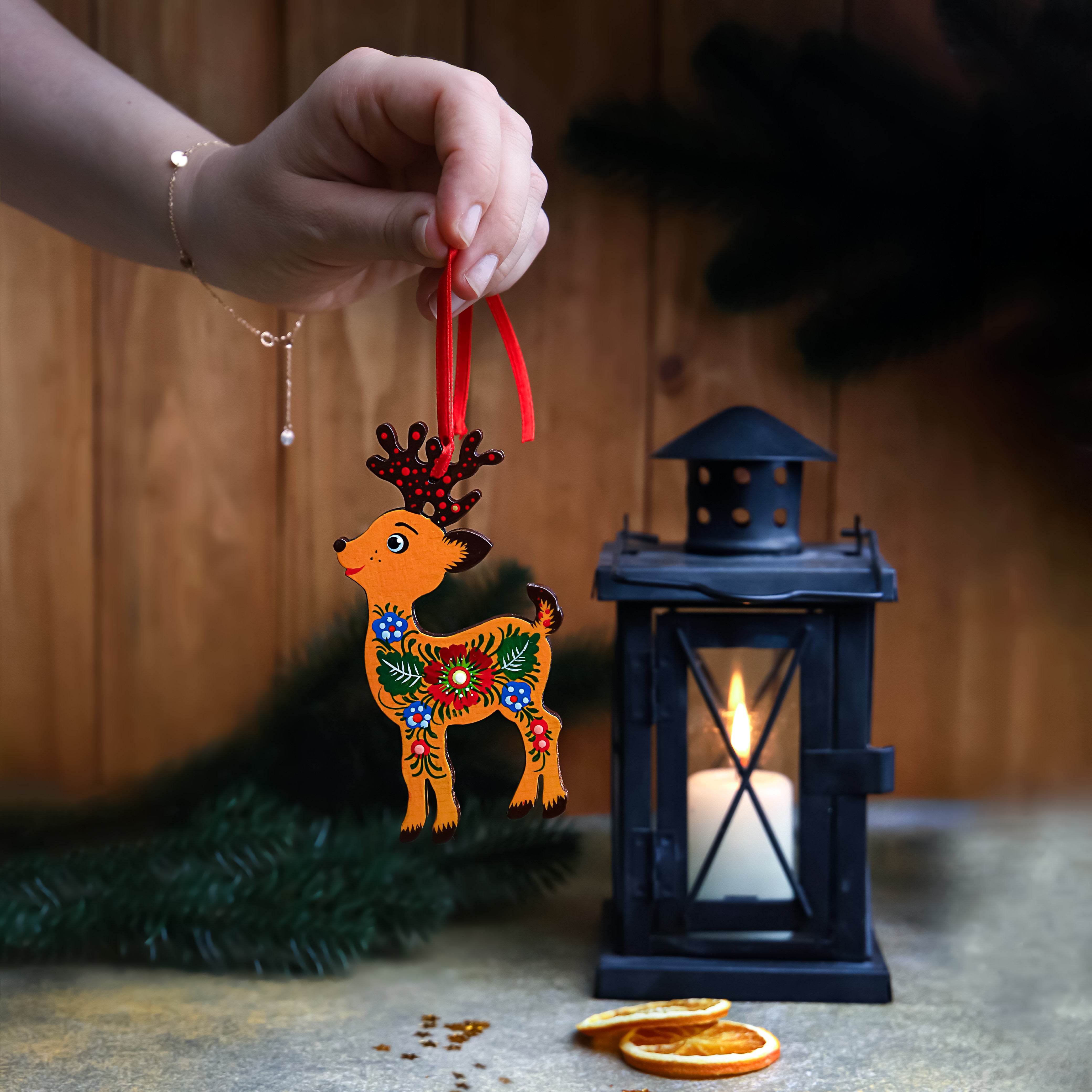 Hand-painted Wooden Deer Christmas Ornament with Petrykivka Art