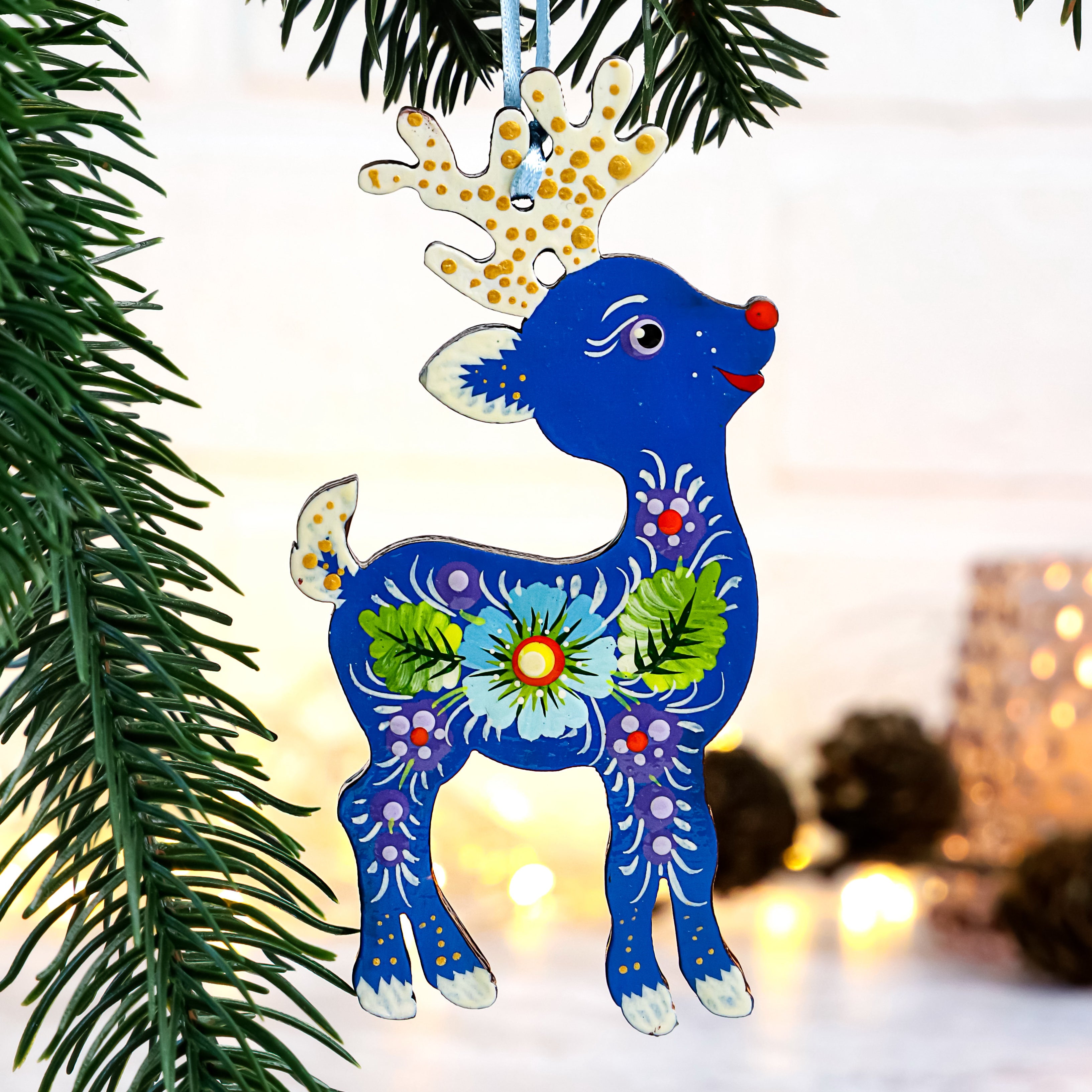 Hand-painted Wooden Deer Christmas Ornament with Petrykivka Art