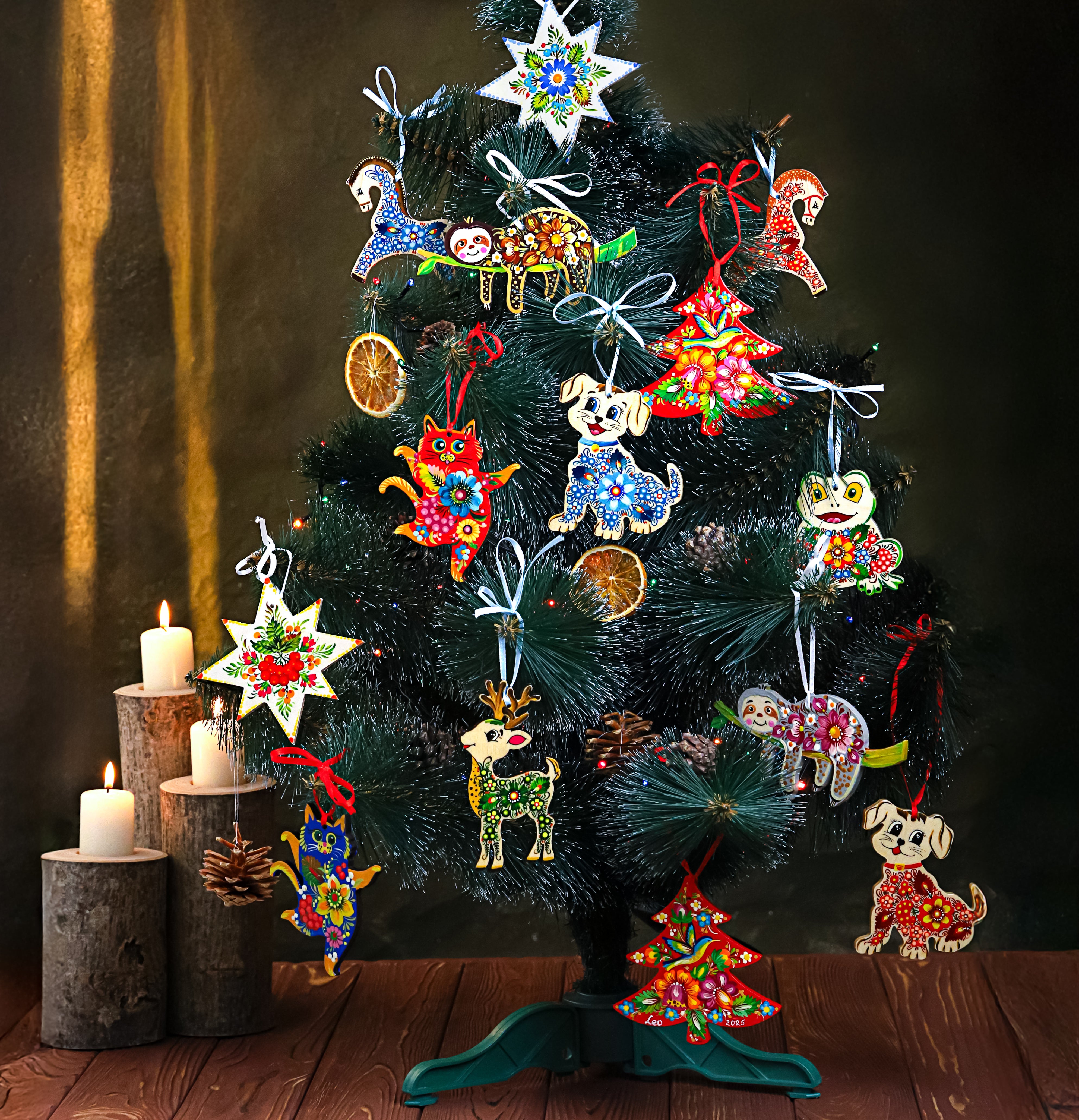 Hand-painted Wooden Deer Christmas Ornament with Petrykivka Art