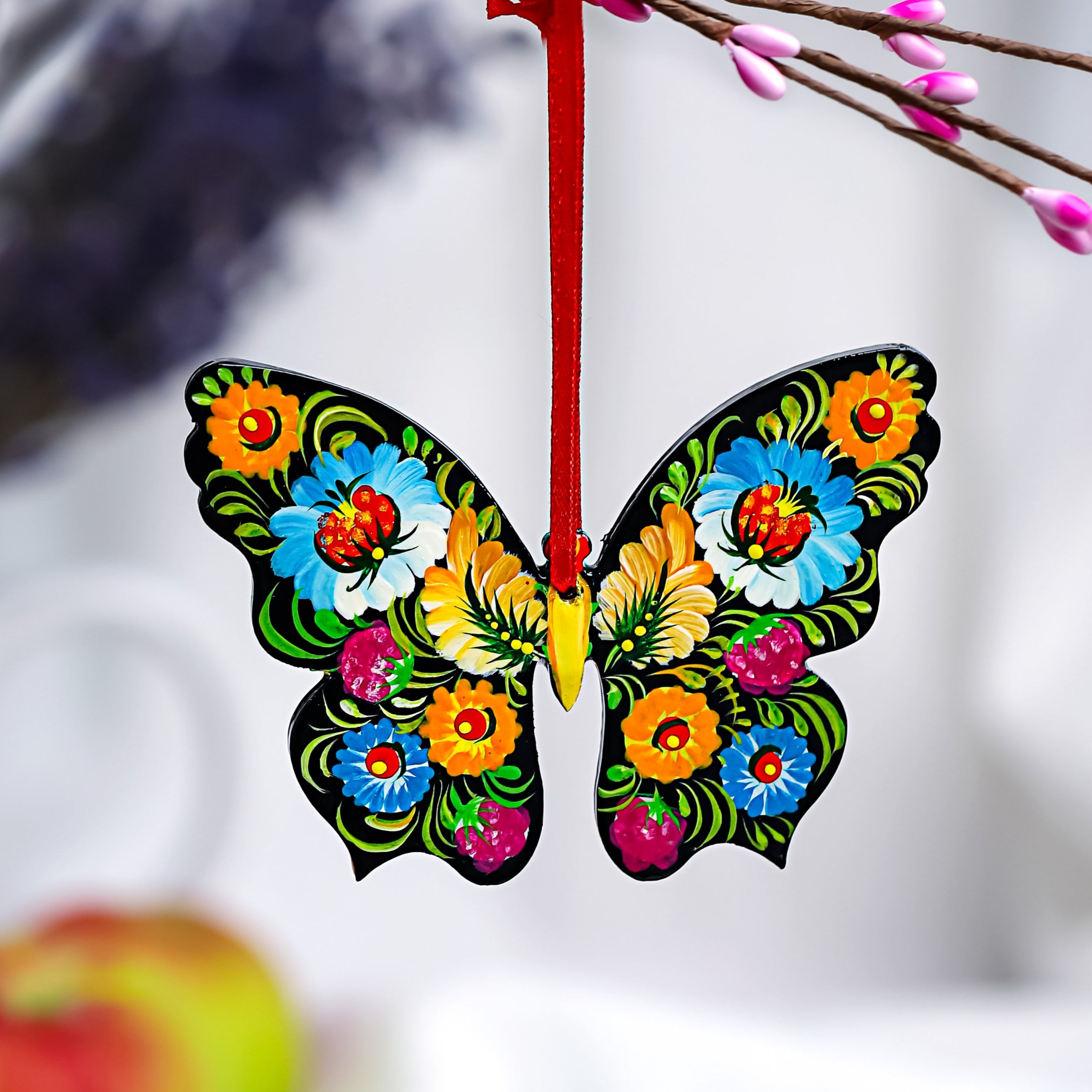 Personalized Hand-painted Wooden Butterfly Christmas Ornament with Petrykivka Art
