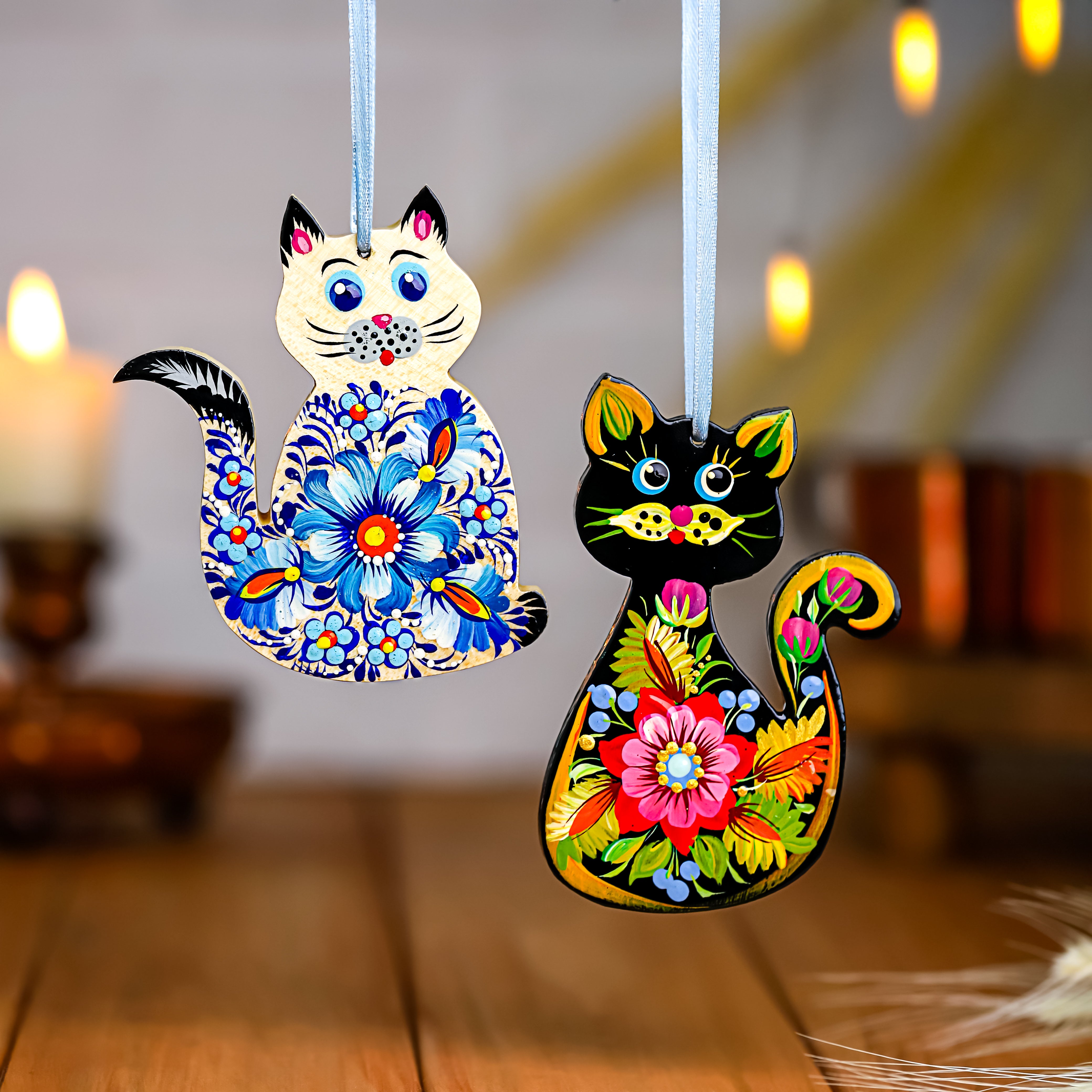 Hand-painted Set of 2 Wooden Cat Christmas Ornaments with Petrykivka Art