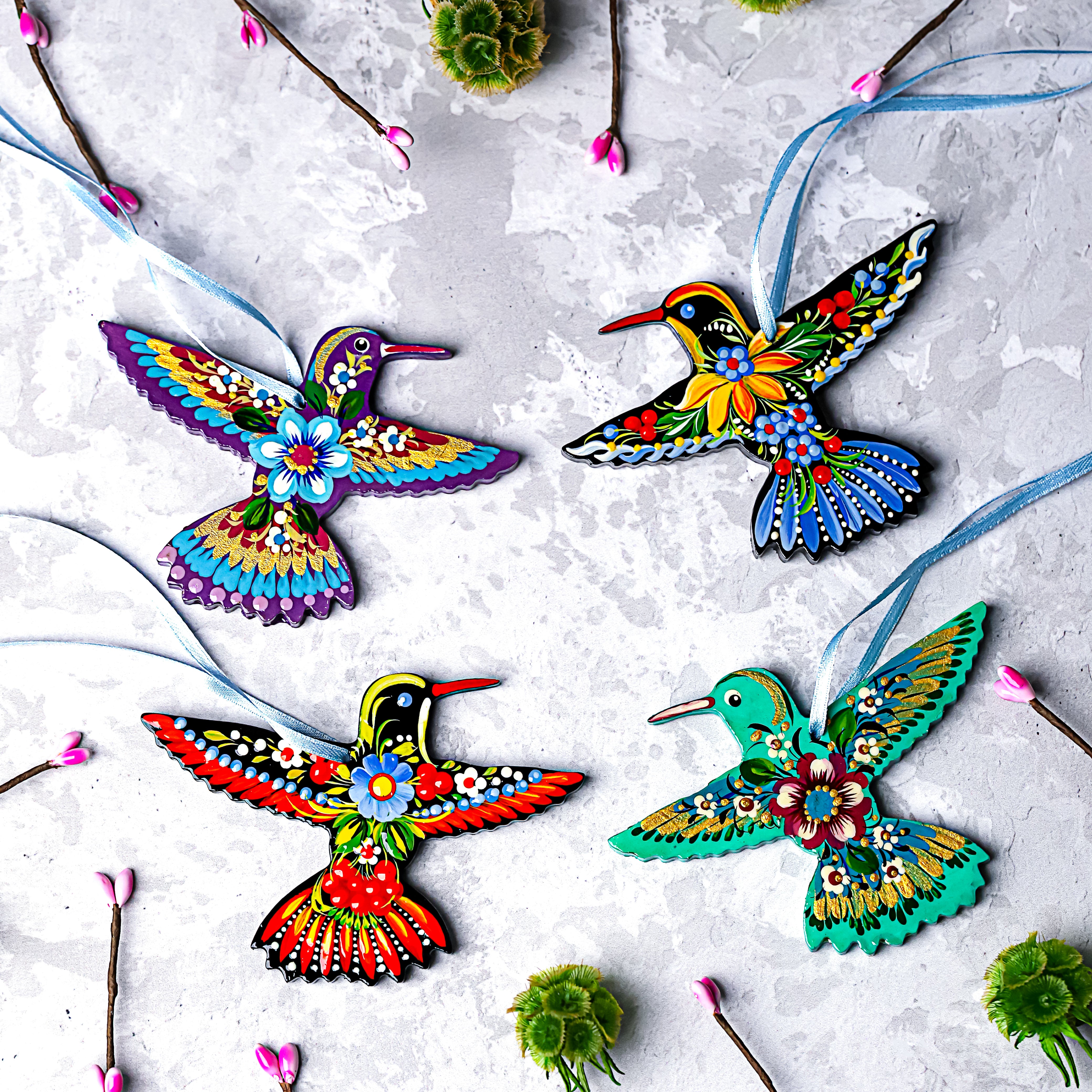 Hand-painted Wooden Hummingbird Christmas Ornament with Petrykivka Art