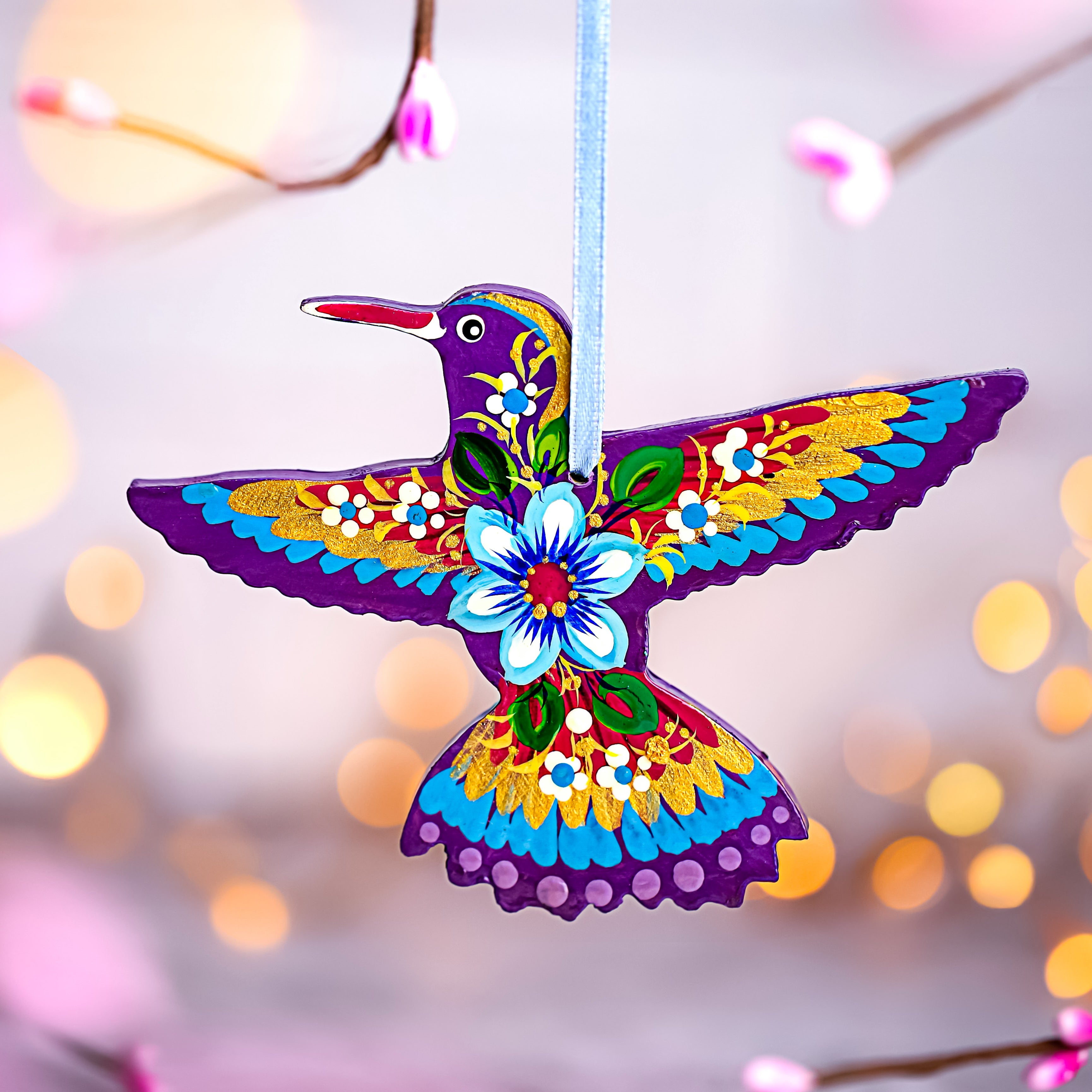 Hand-painted Wooden Hummingbirds Christmas Ornament with Petrykivka Art