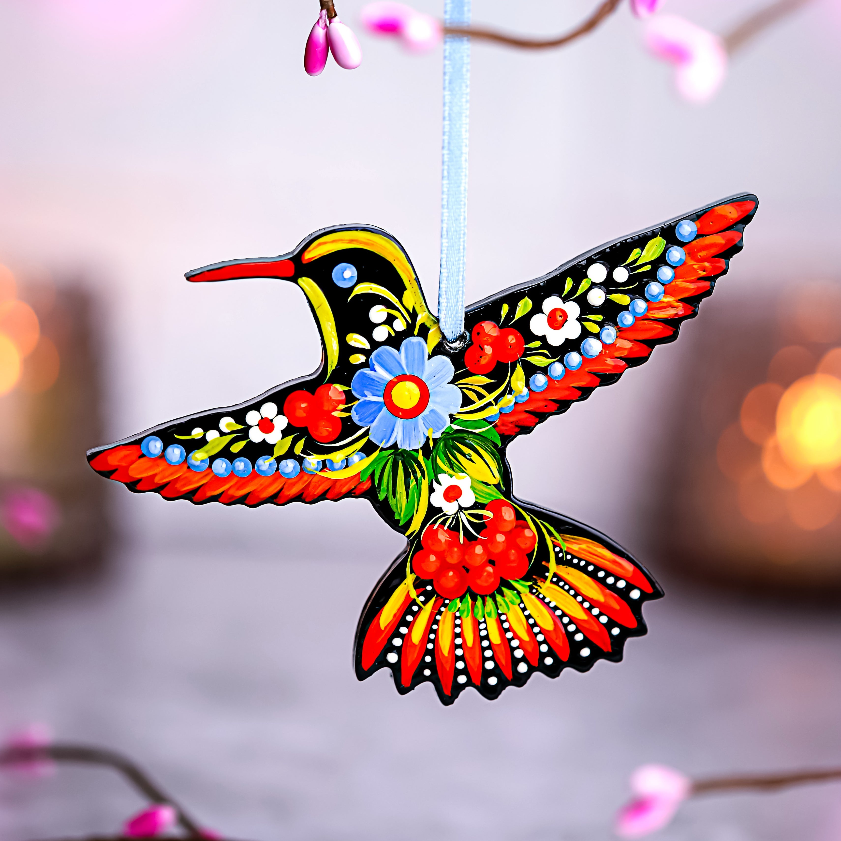Hand-painted Wooden Hummingbird Christmas Ornament with Petrykivka Art