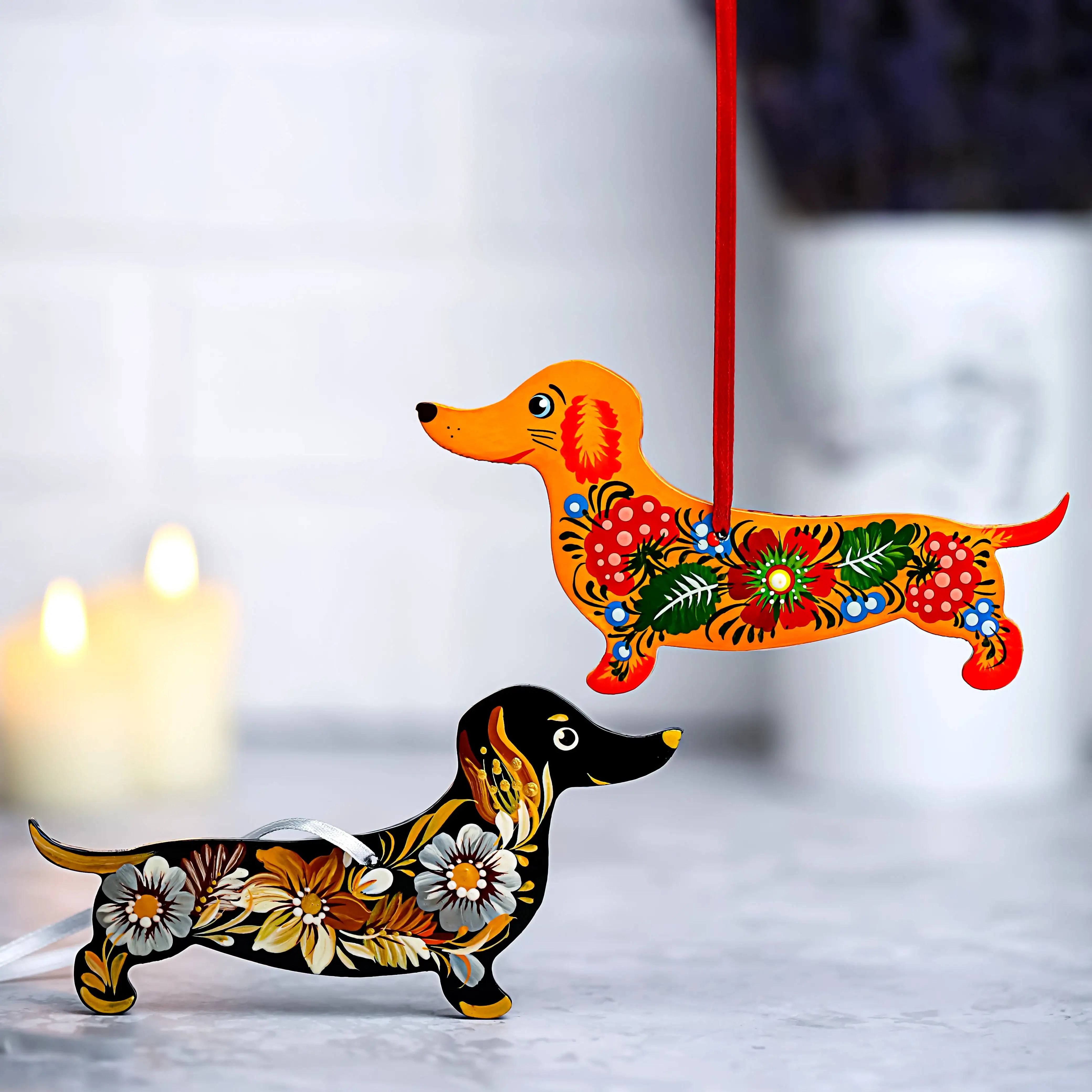 Set of 2 Painted Wooden Dachshund Ornament