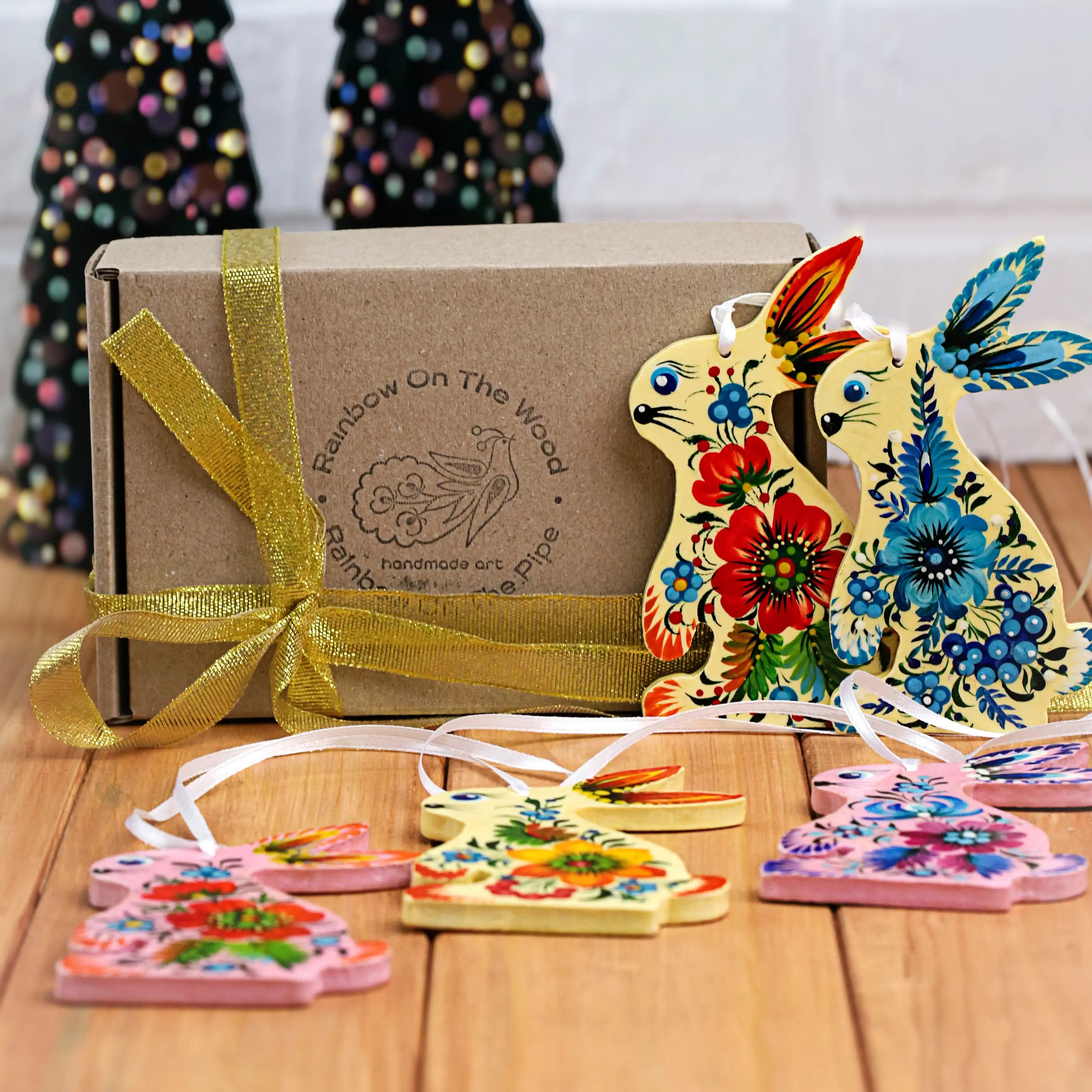 Set of 5 Painted Wooden Bunny Christmas Ornaments