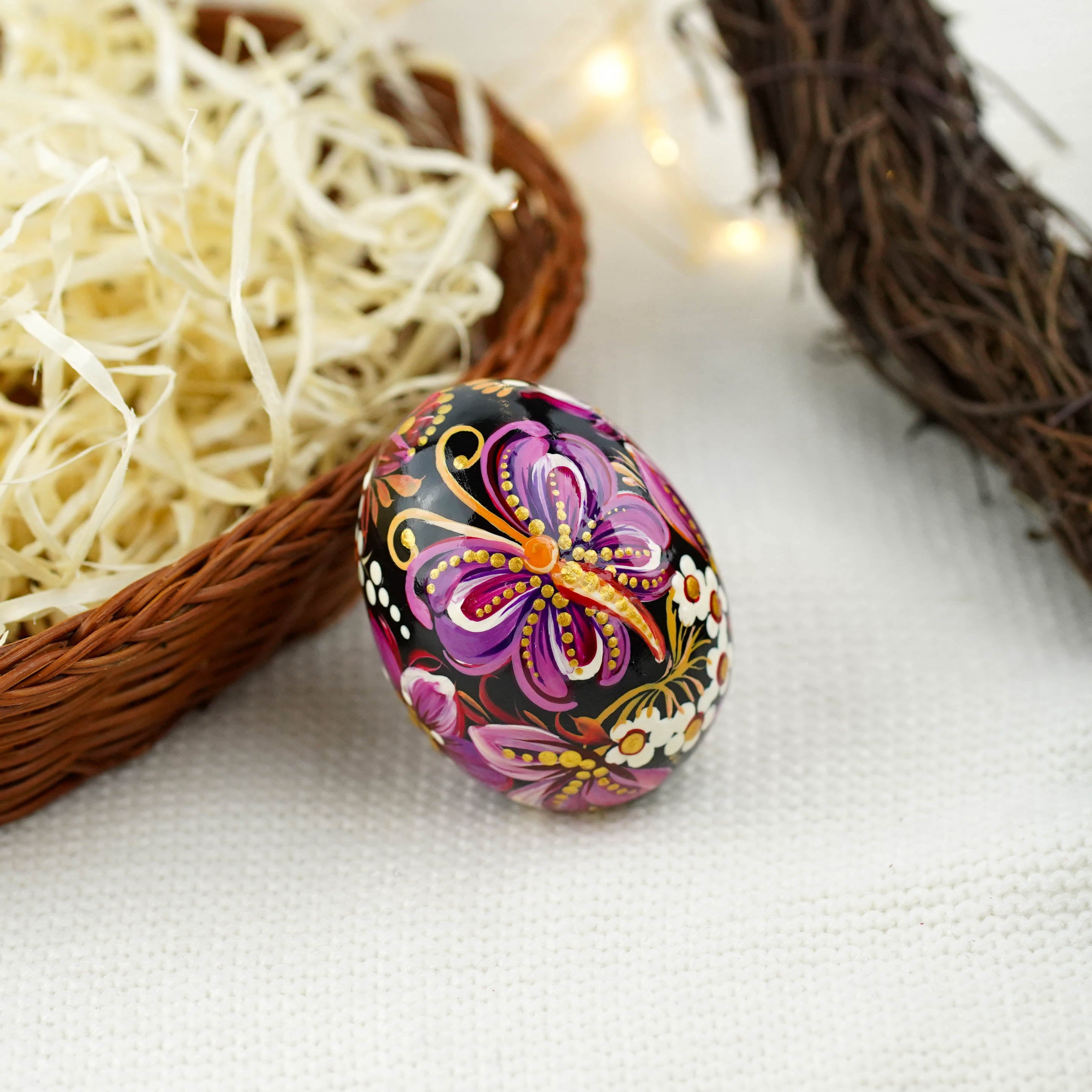 Hand-painted purple butterfly Easter egg carved from wood