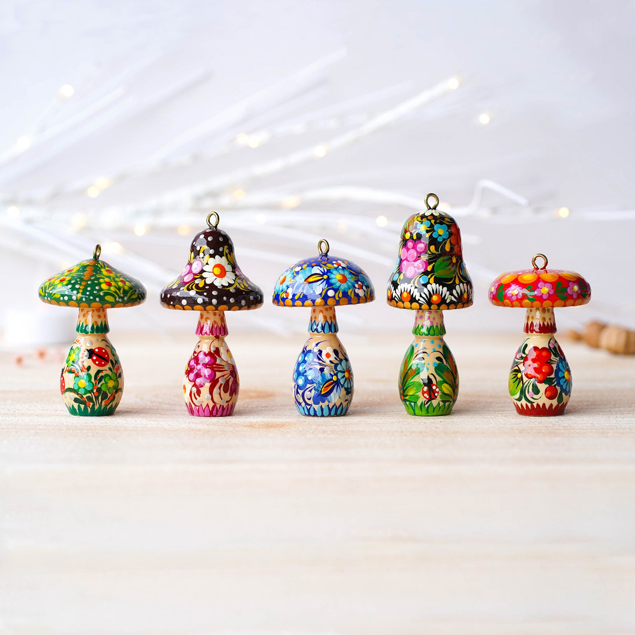 Hand-painted Wooden Mushroom Christmas Ornament - Artisanal Christmas Tree Decoration, Petrykivka Art