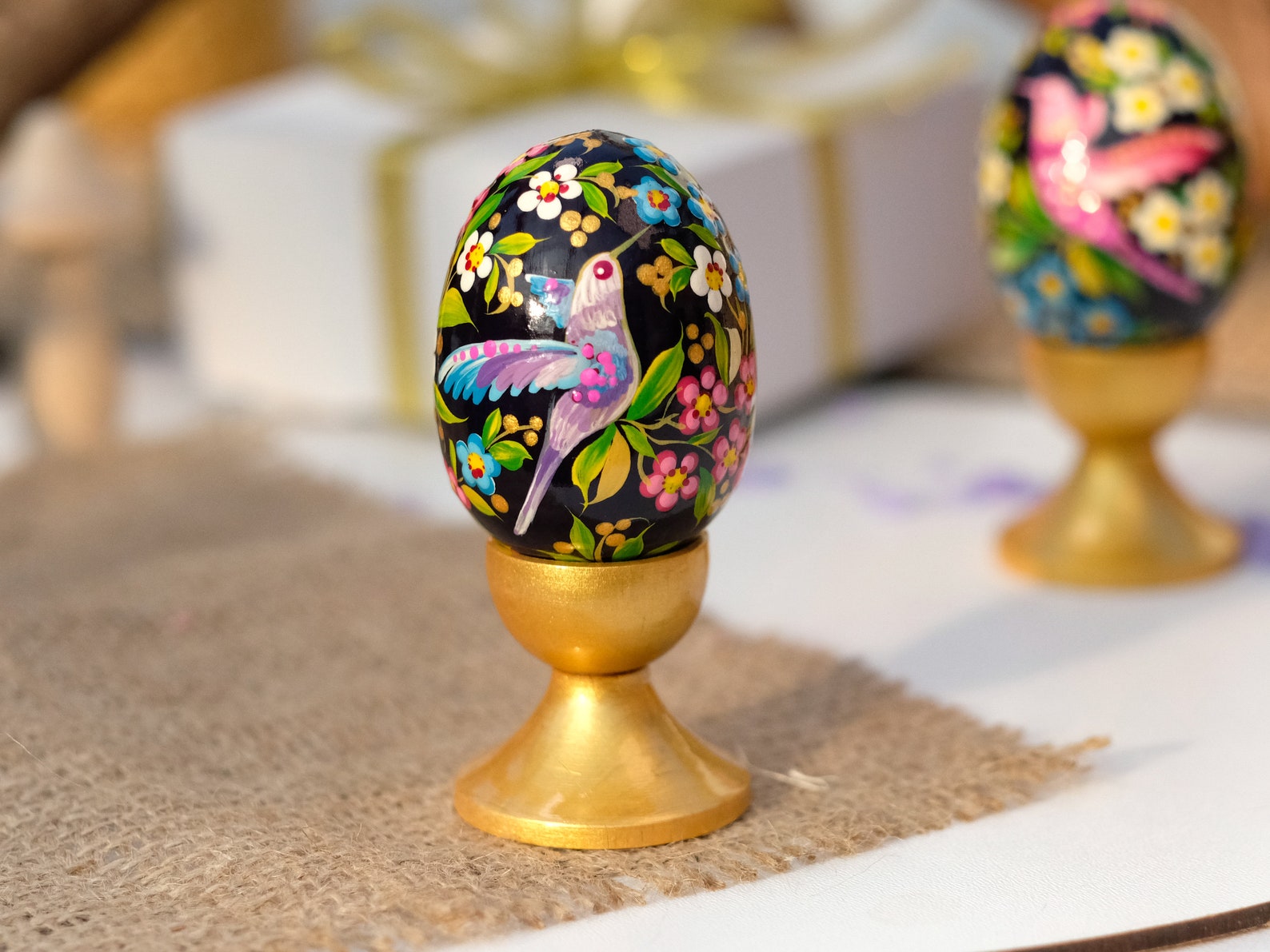 Painted Hummingbird Easter egg - Cherry blossom wooden Easter egg