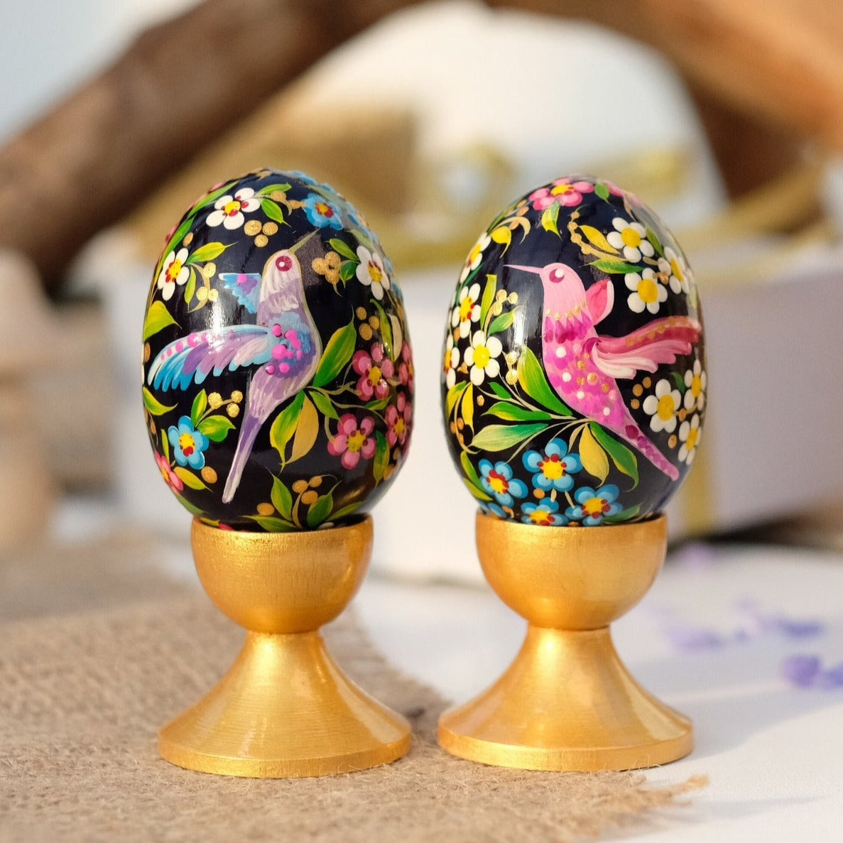 Painted Hummingbird Easter egg - Cherry blossom wooden Easter egg