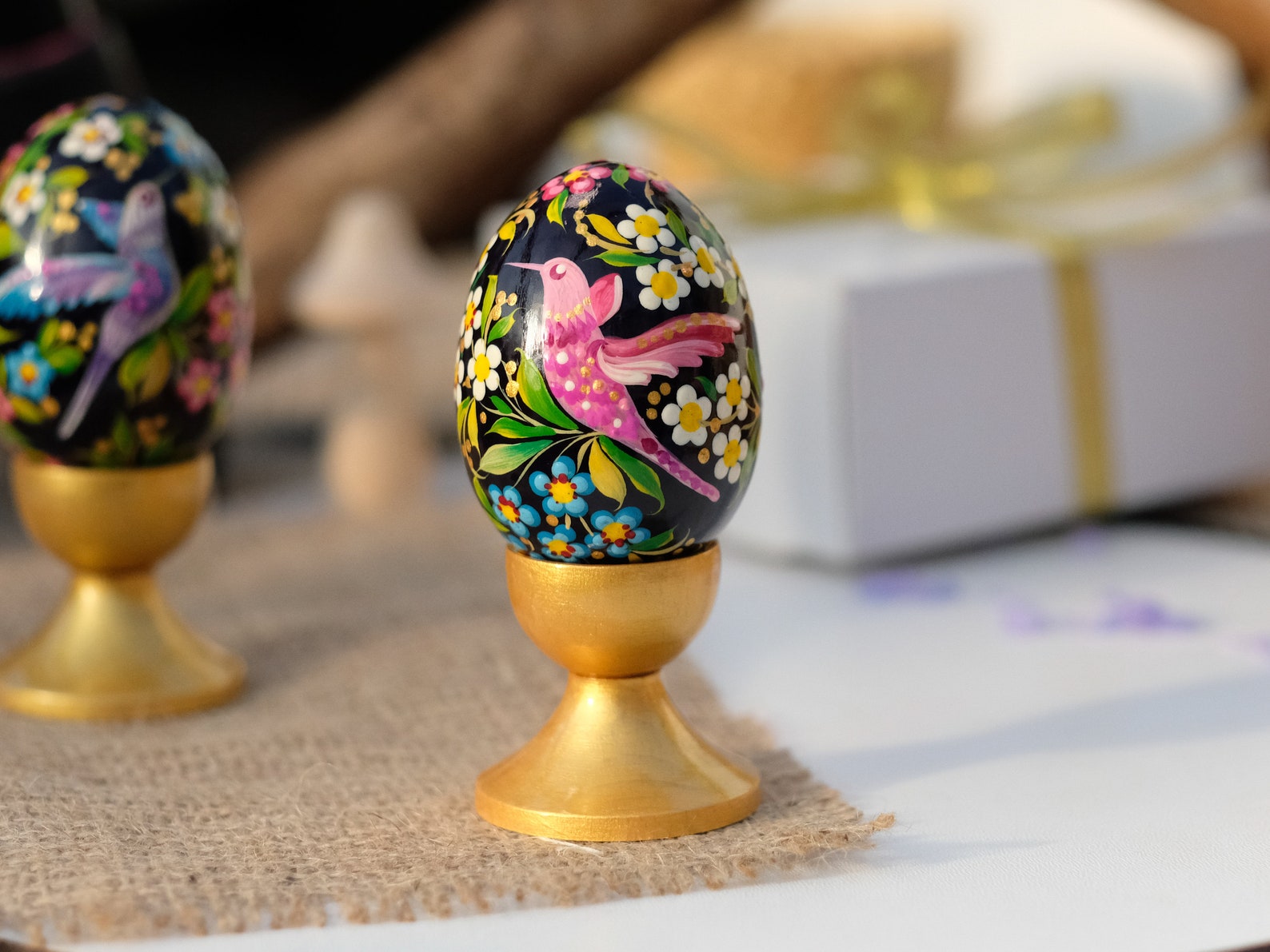 Painted Hummingbird Easter egg - Cherry blossom wooden Easter egg