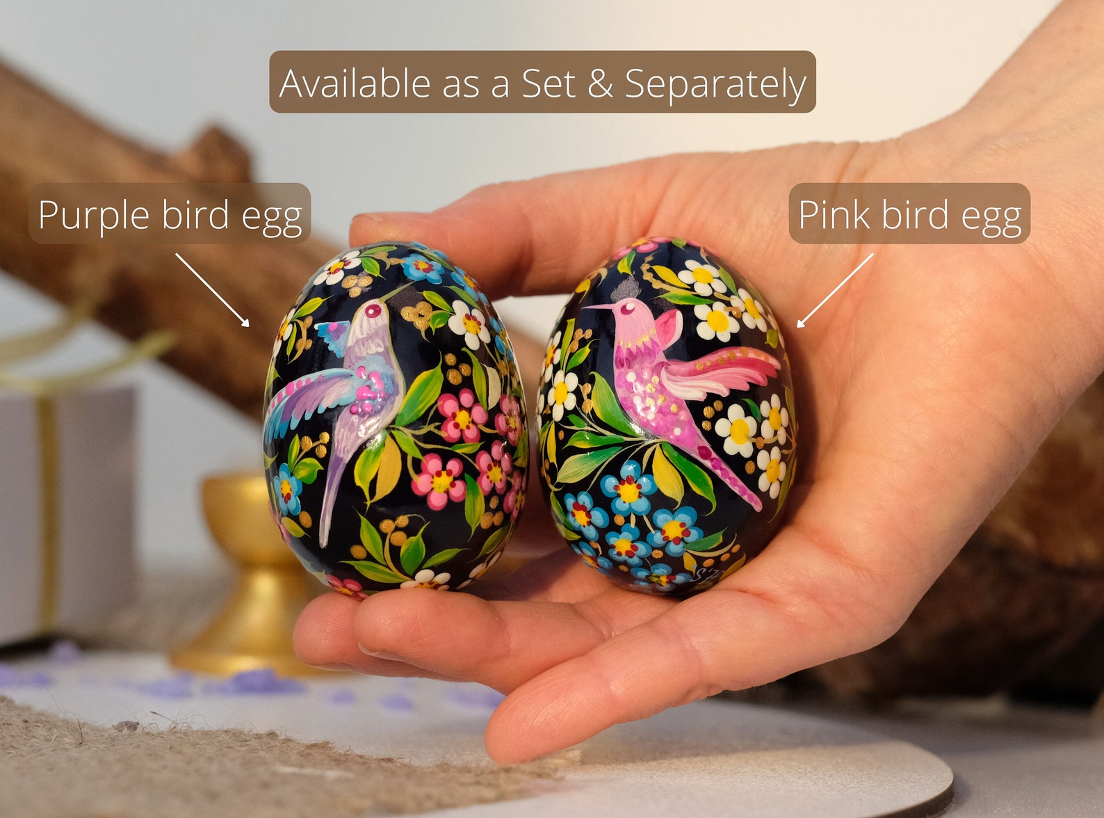 Painted Hummingbird Easter egg - Cherry blossom wooden Easter egg