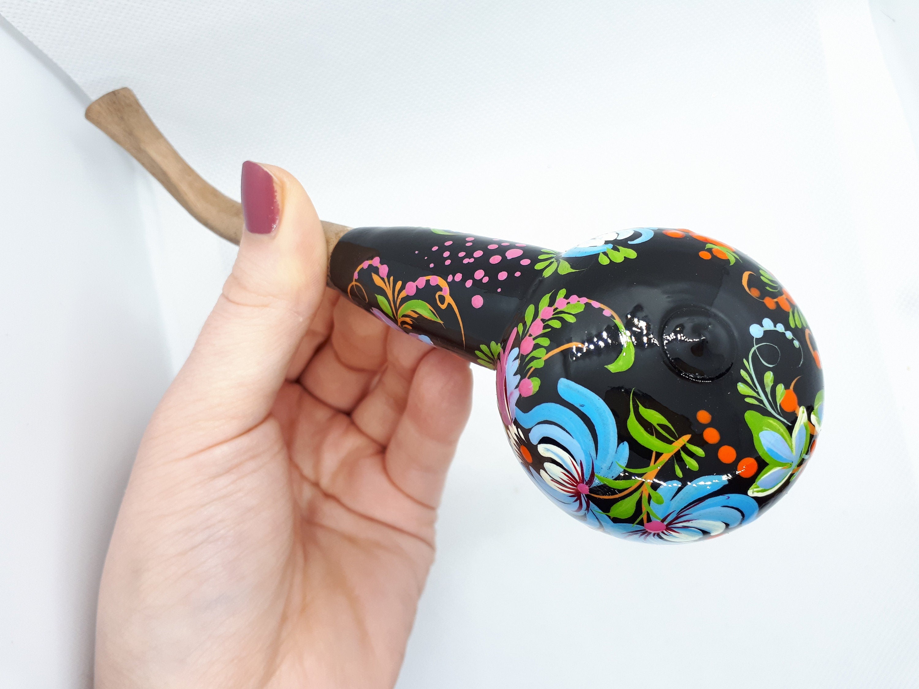 Painted Wooden Smoking Pipe - Cat Couple Tobacco Pipe with Ukrainian Folk Art Petrykivka
