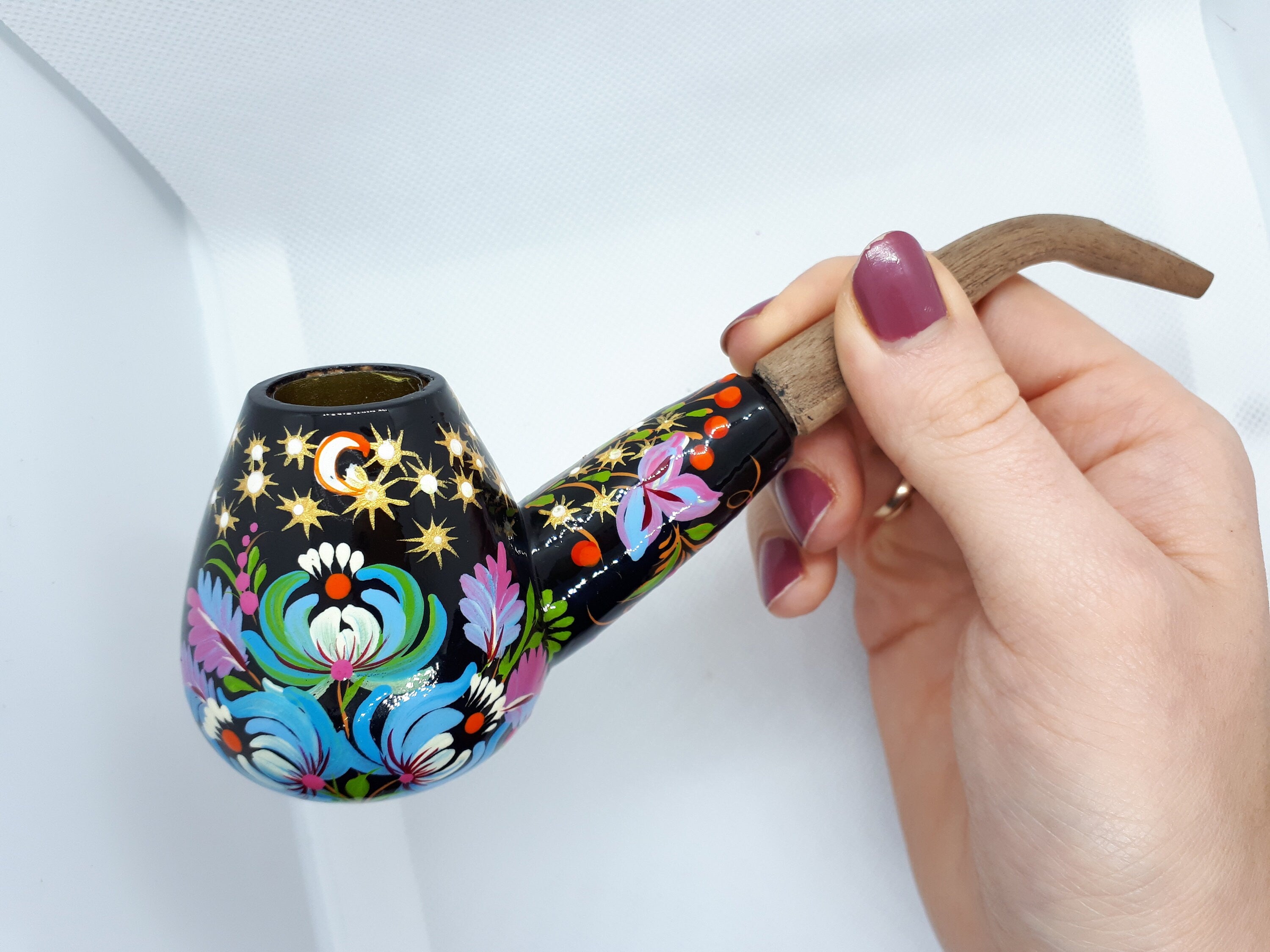 Painted Wooden Smoking Pipe - Cat Couple Tobacco Pipe with Ukrainian Folk Art Petrykivka