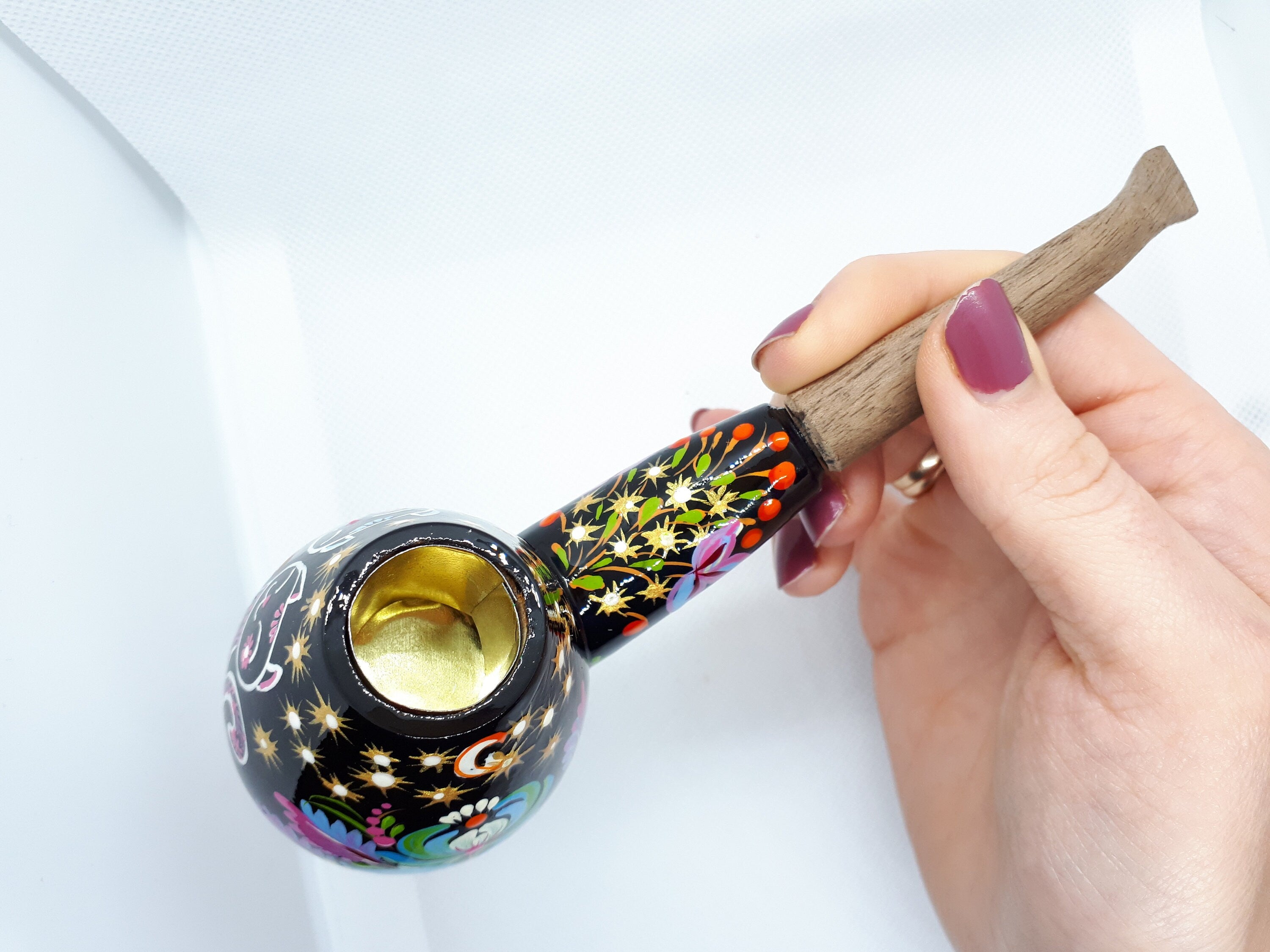 Painted Wooden Smoking Pipe - Cat Couple Tobacco Pipe with Ukrainian Folk Art Petrykivka