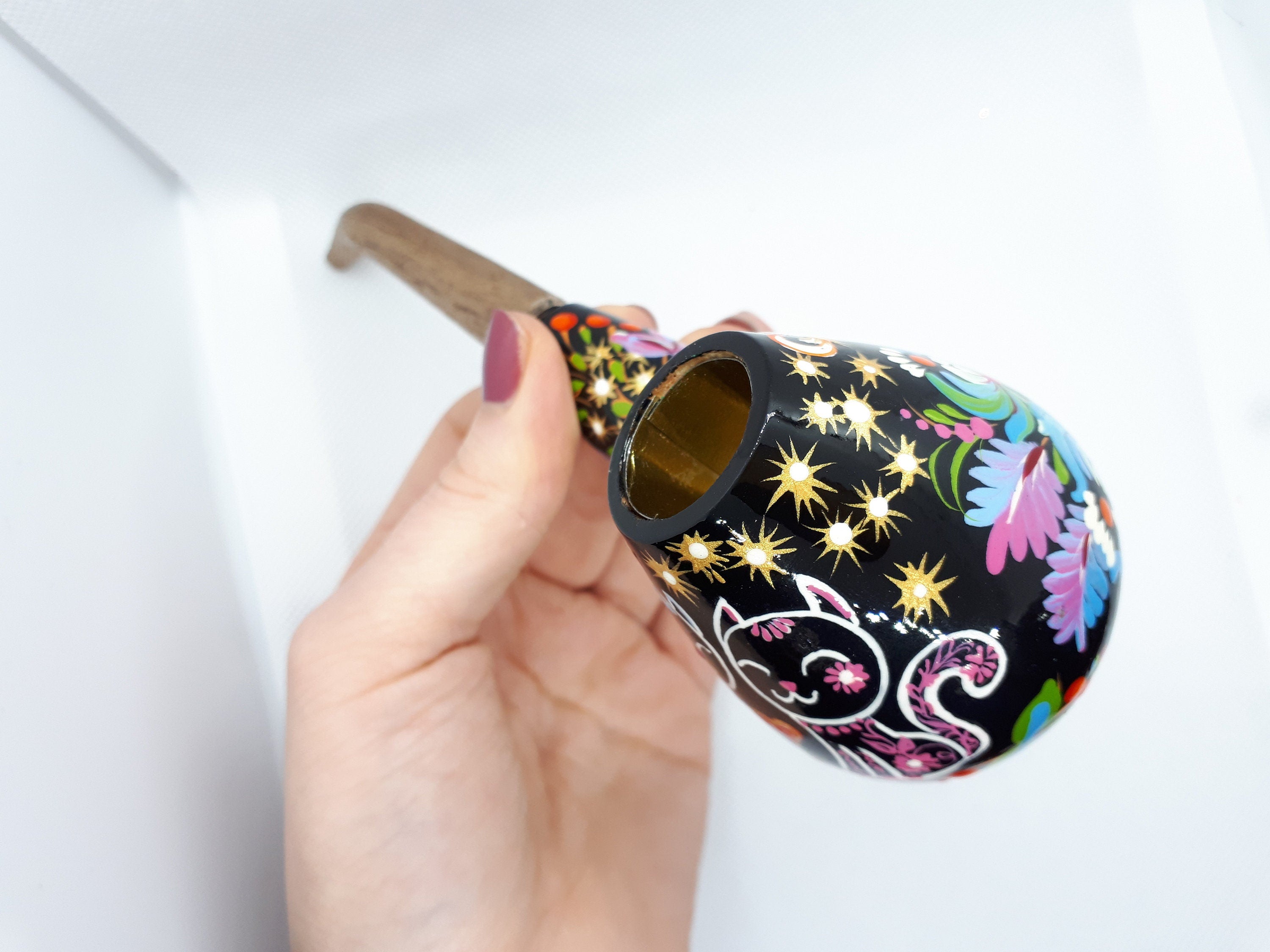 Painted Wooden Smoking Pipe - Cat Couple Tobacco Pipe with Ukrainian Folk Art Petrykivka