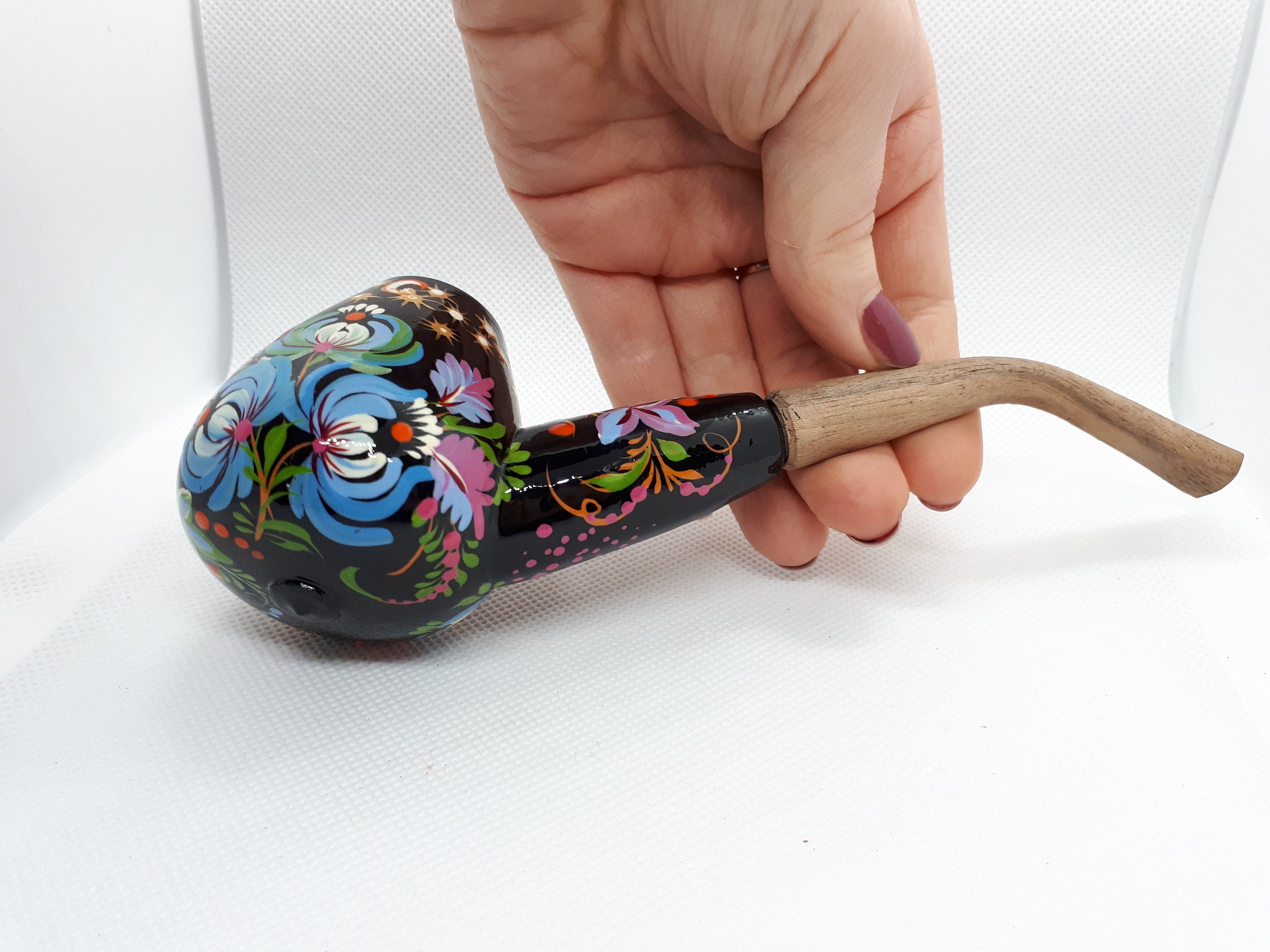 Painted Wooden Smoking Pipe - Cat Couple Tobacco Pipe with Ukrainian Folk Art Petrykivka