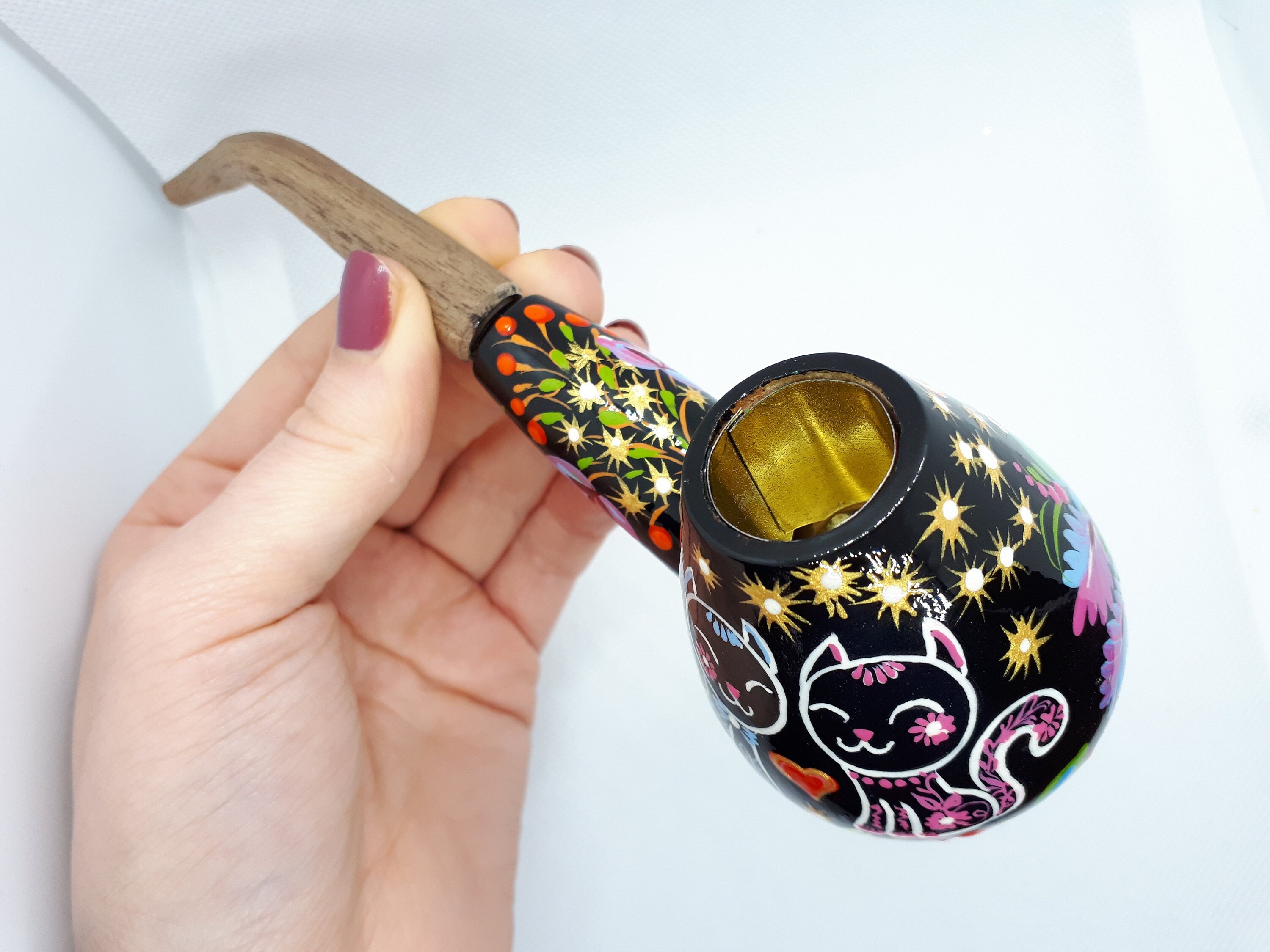 Painted Wooden Smoking Pipe - Cat Couple Tobacco Pipe with Ukrainian Folk Art Petrykivka