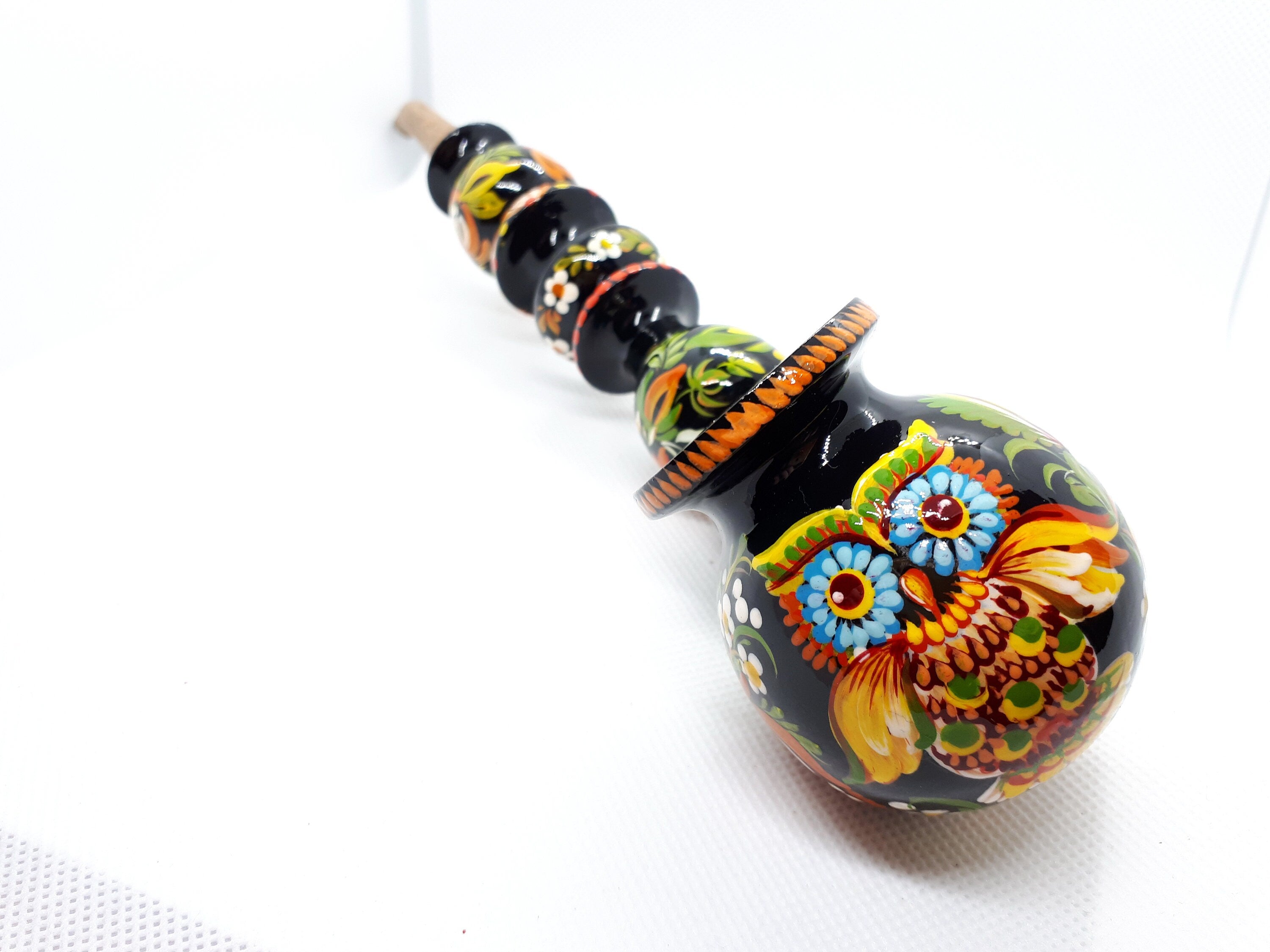 Painted Wooden Owl Smoking Pipe - Ukrainian Folk Art Petrykivka Tobacco Pipe