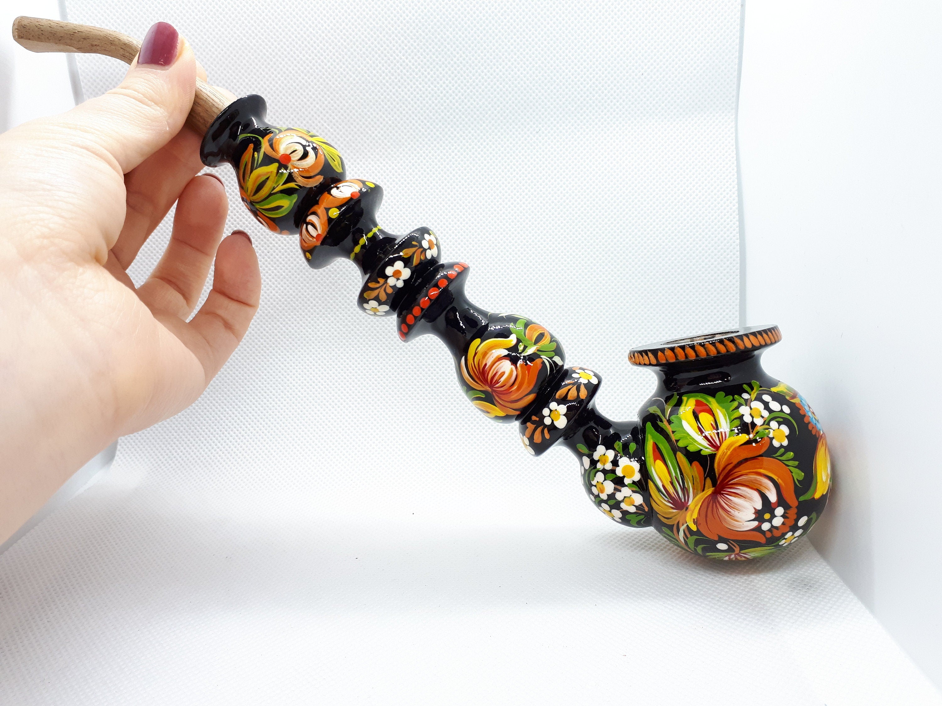 Painted Wooden Owl Smoking Pipe - Ukrainian Folk Art Petrykivka Tobacco Pipe