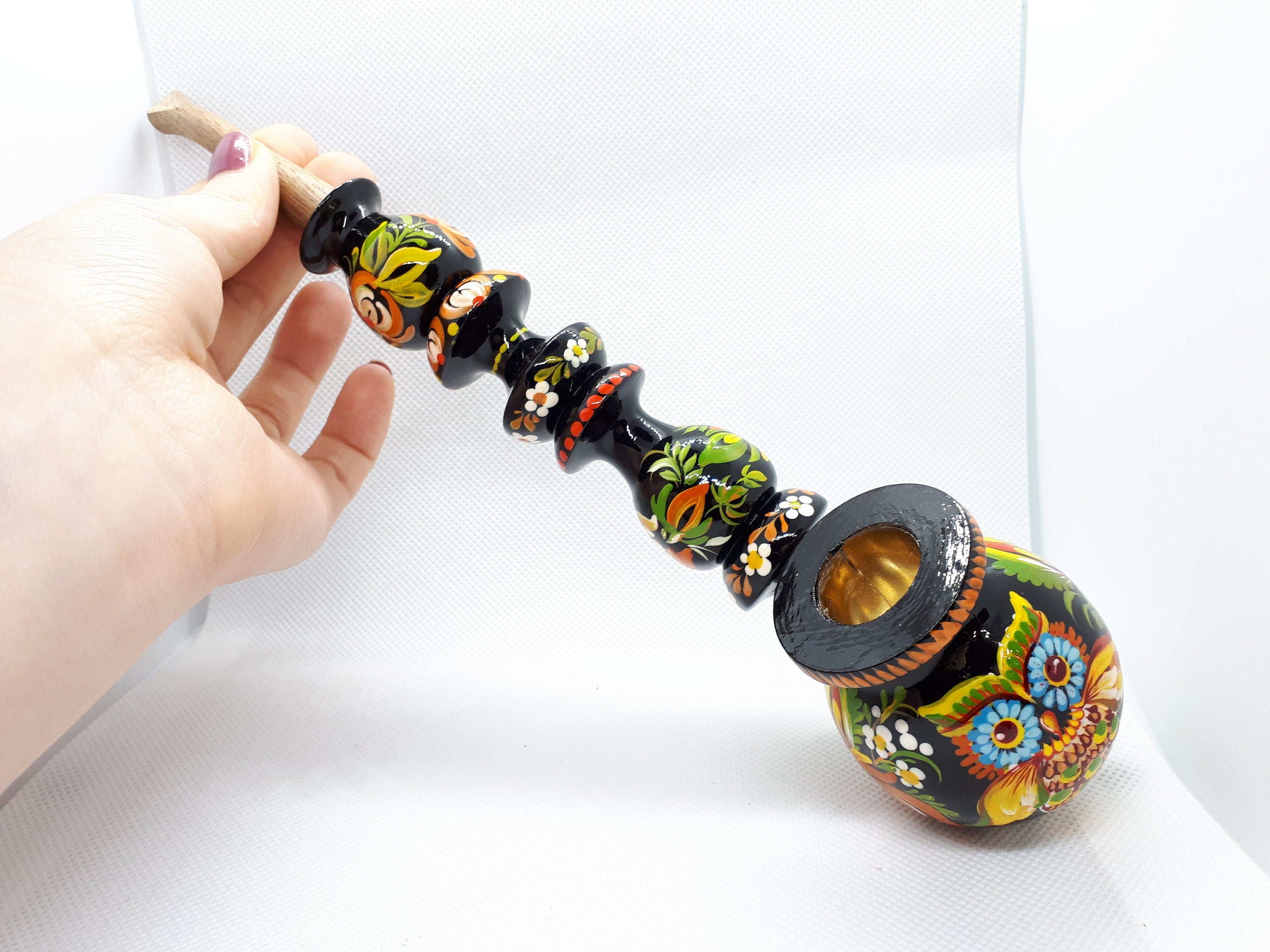 Painted Wooden Owl Smoking Pipe - Ukrainian Folk Art Petrykivka Tobacco Pipe