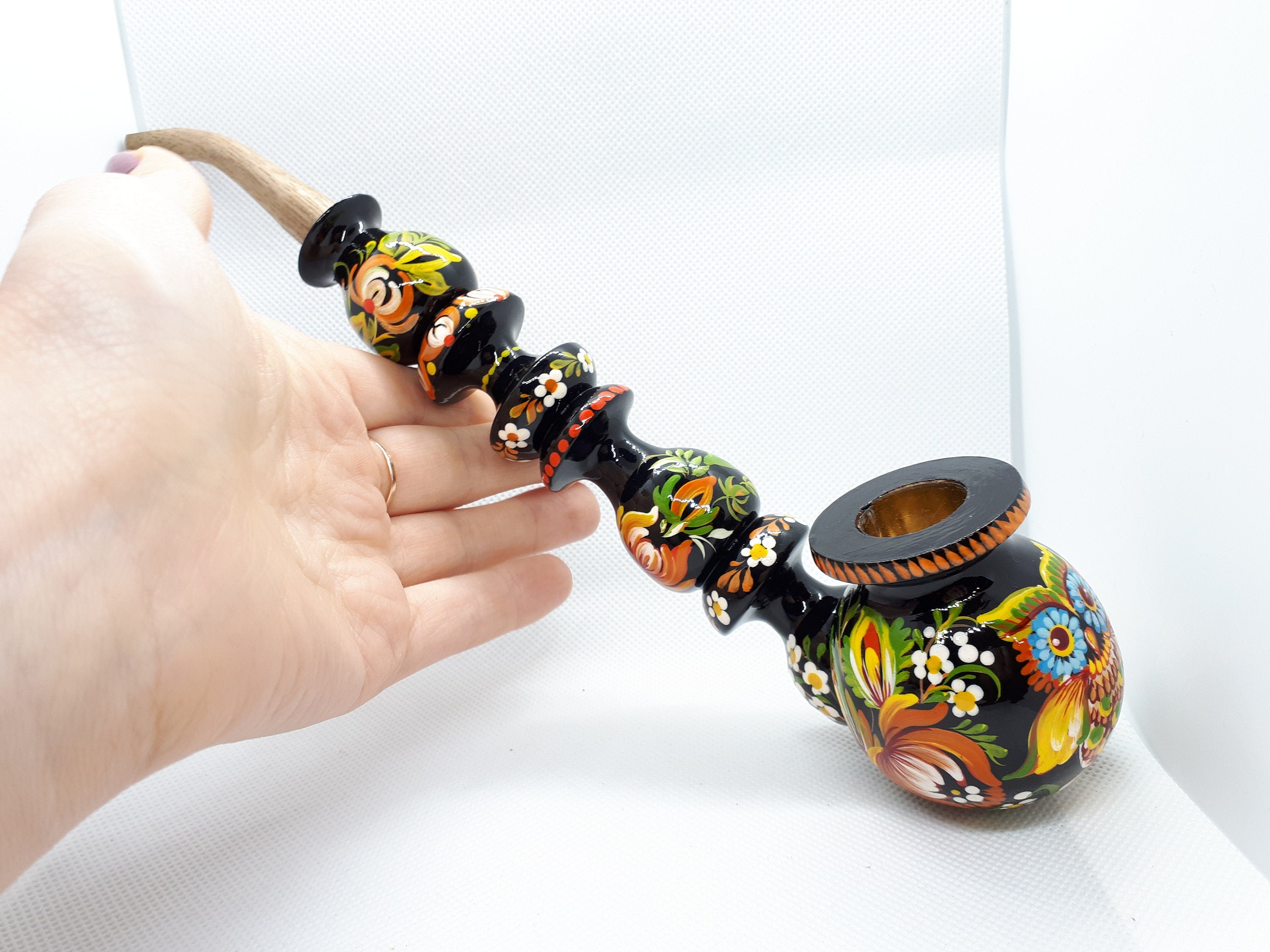 Painted Wooden Owl Smoking Pipe - Ukrainian Folk Art Petrykivka Tobacco Pipe