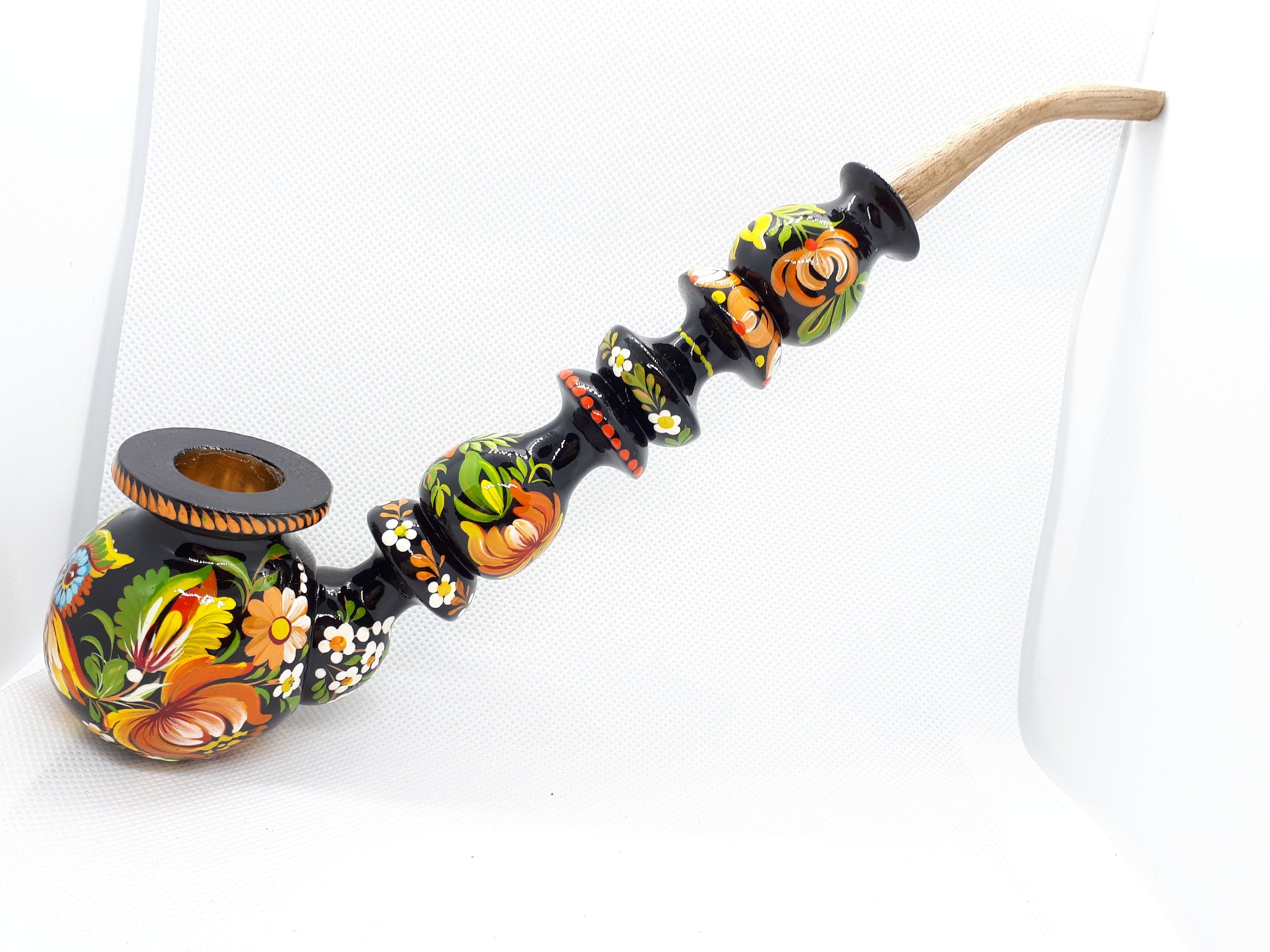 Painted Wooden Owl Smoking Pipe - Ukrainian Folk Art Petrykivka Tobacco Pipe