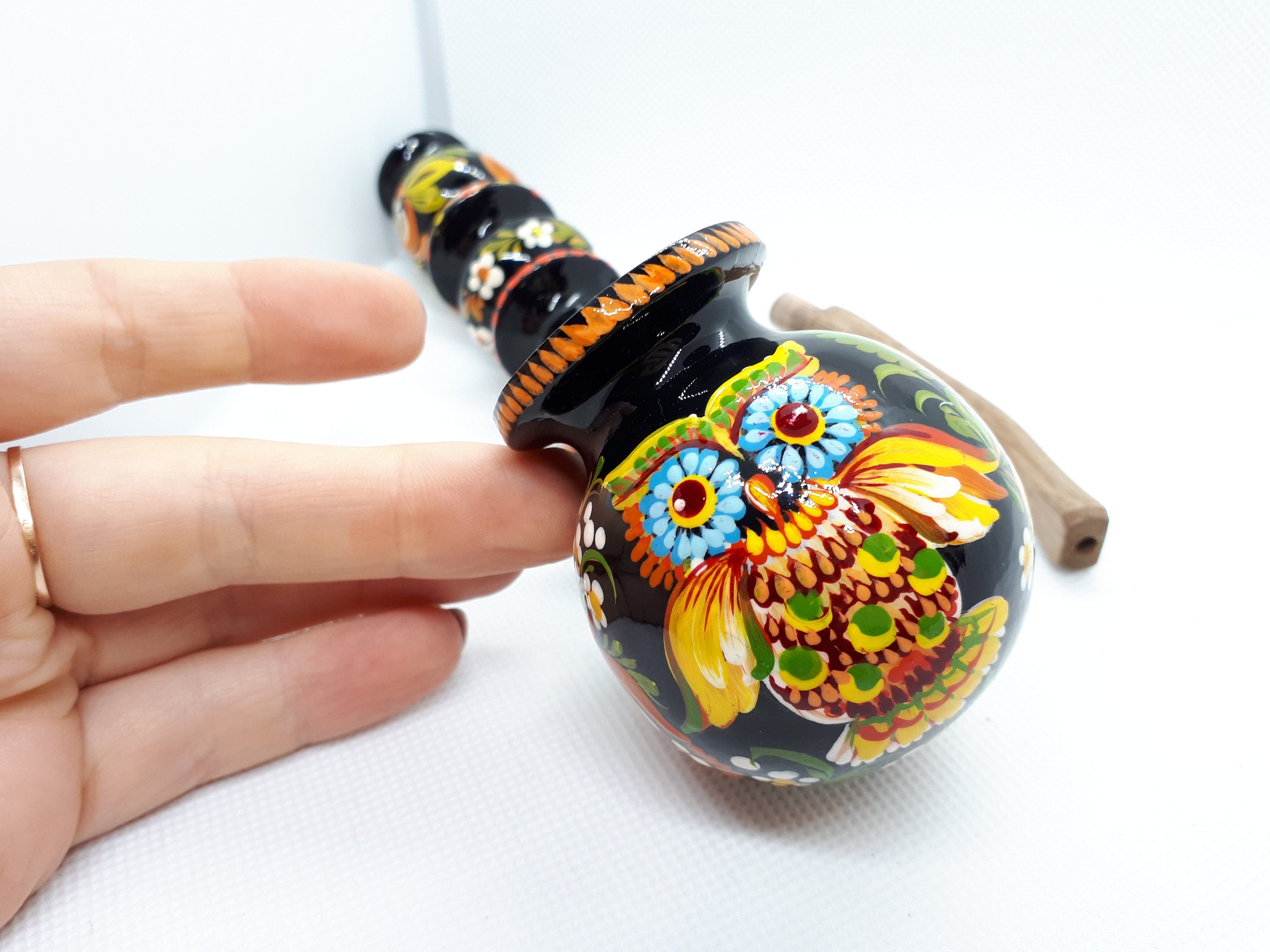Painted Wooden Owl Smoking Pipe - Ukrainian Folk Art Petrykivka Tobacco Pipe