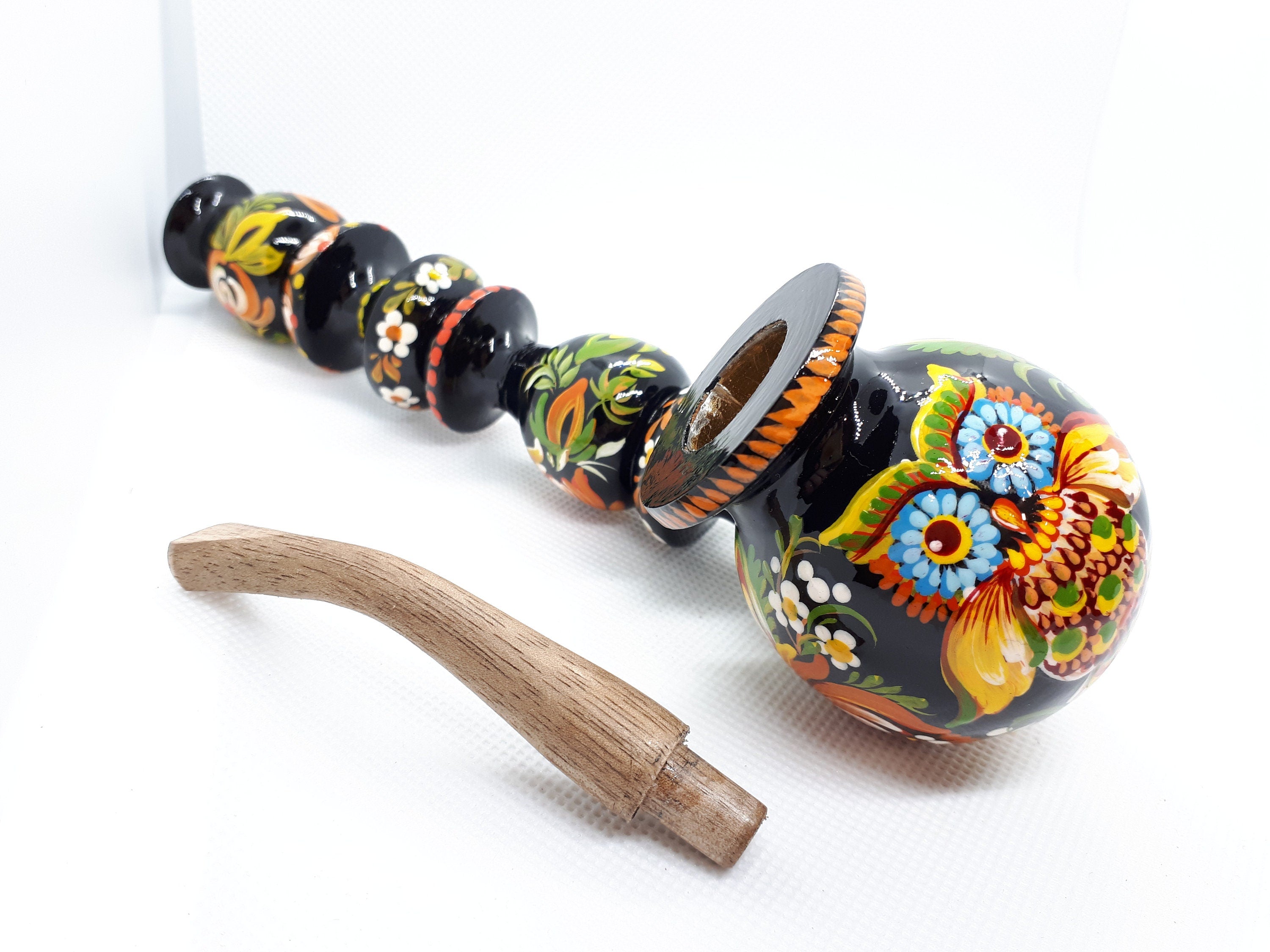 Painted Wooden Owl Smoking Pipe - Ukrainian Folk Art Petrykivka Tobacco Pipe