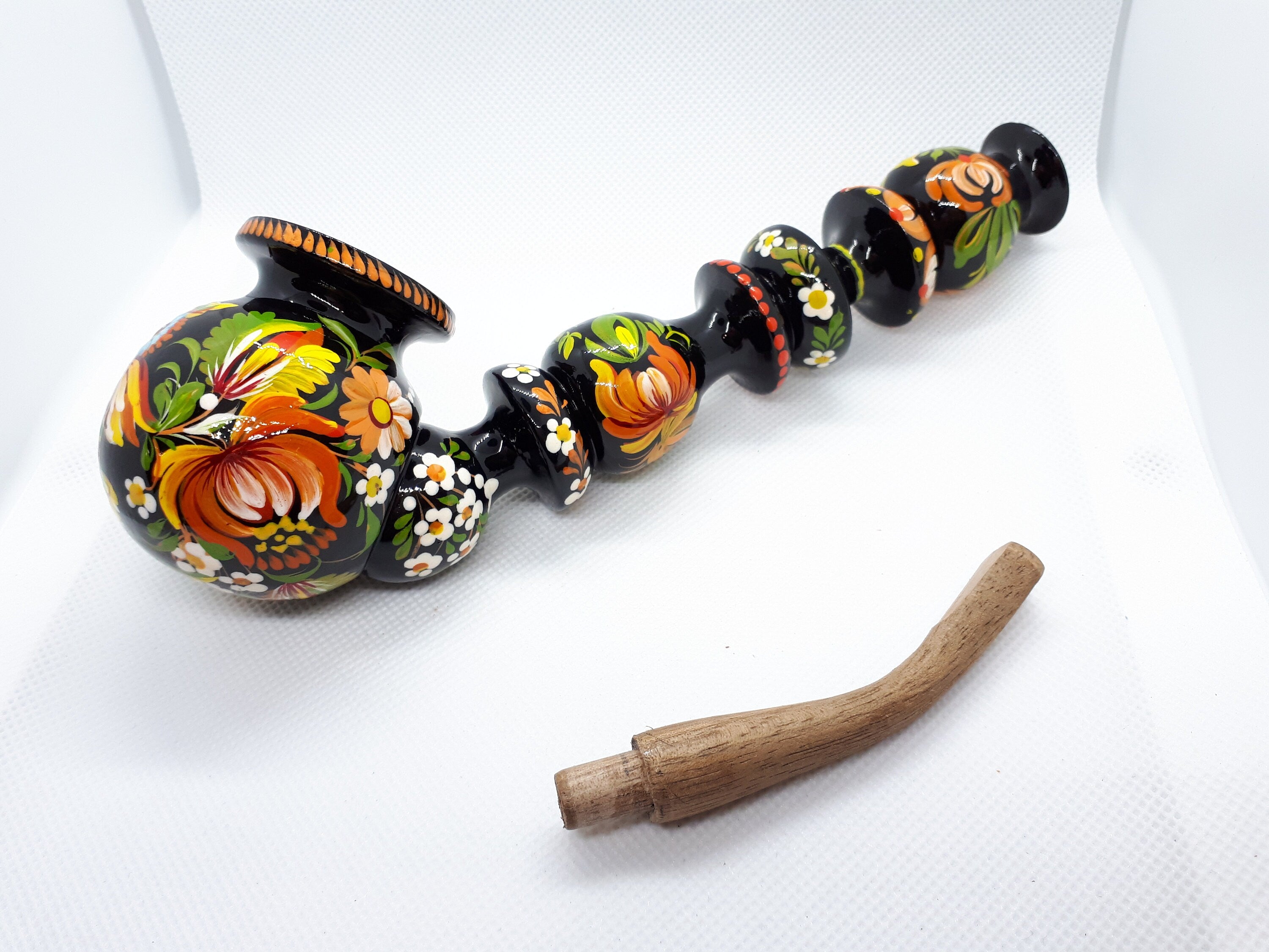 Painted Wooden Owl Smoking Pipe - Ukrainian Folk Art Petrykivka Tobacco Pipe