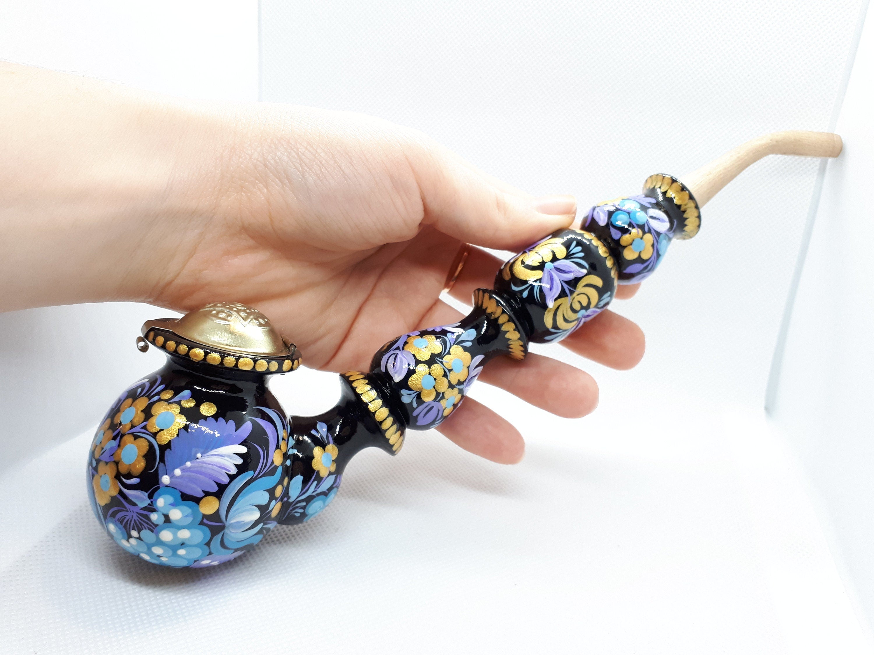 Long Wooden Smoking Pipe with Lid - Painted Ukrainian Folk Art Petrykivka Tobacco Pipe