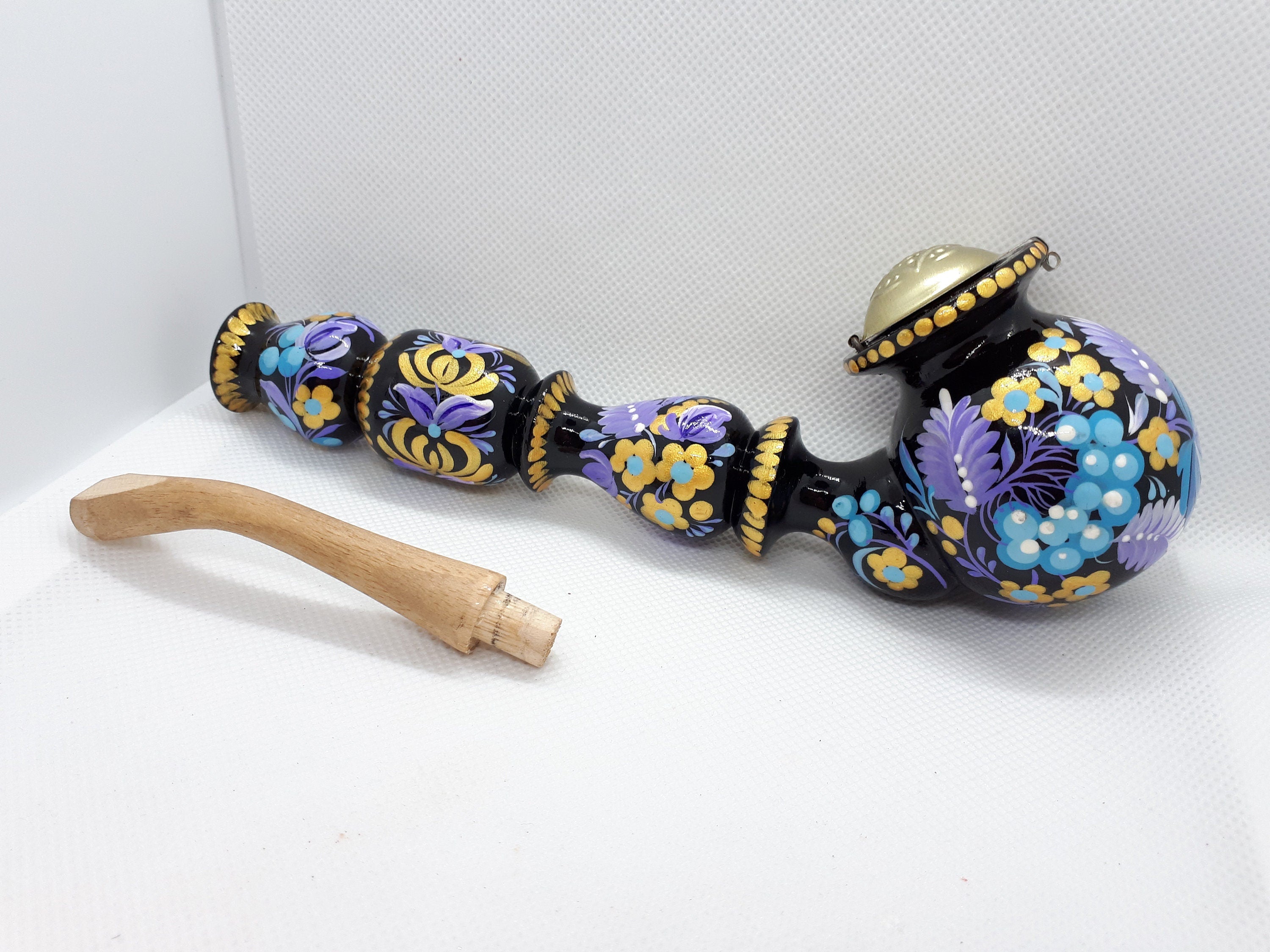 Long Wooden Smoking Pipe with Lid - Painted Ukrainian Folk Art Petrykivka Tobacco Pipe