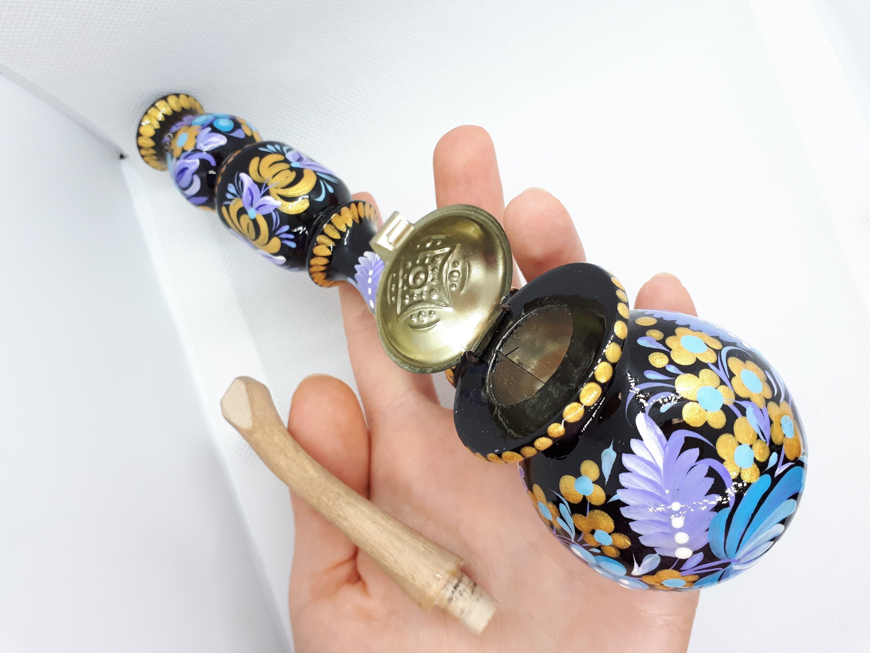 Long Wooden Smoking Pipe with Lid - Painted Ukrainian Folk Art Petrykivka Tobacco Pipe