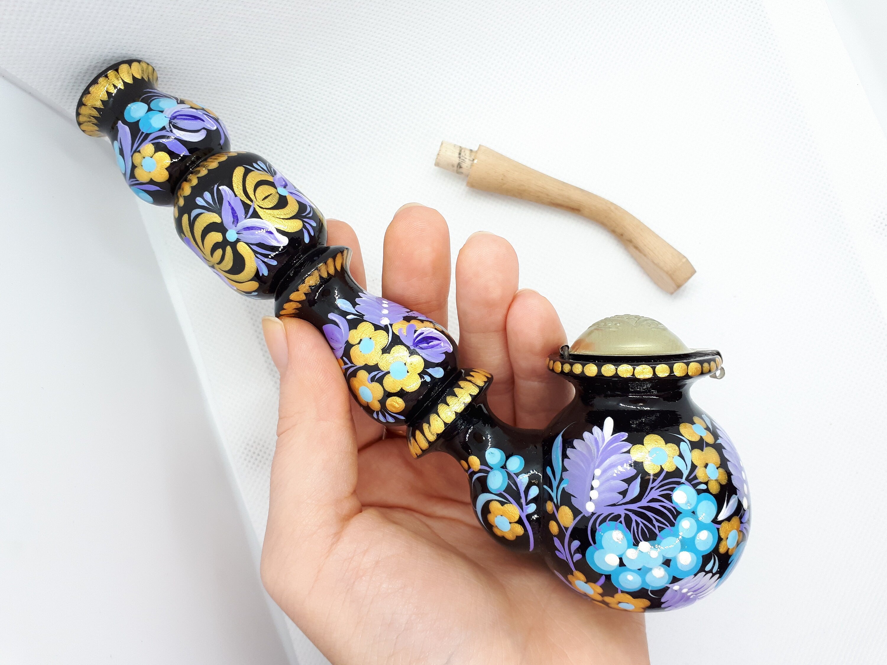 Long Wooden Smoking Pipe with Lid - Painted Ukrainian Folk Art Petrykivka Tobacco Pipe