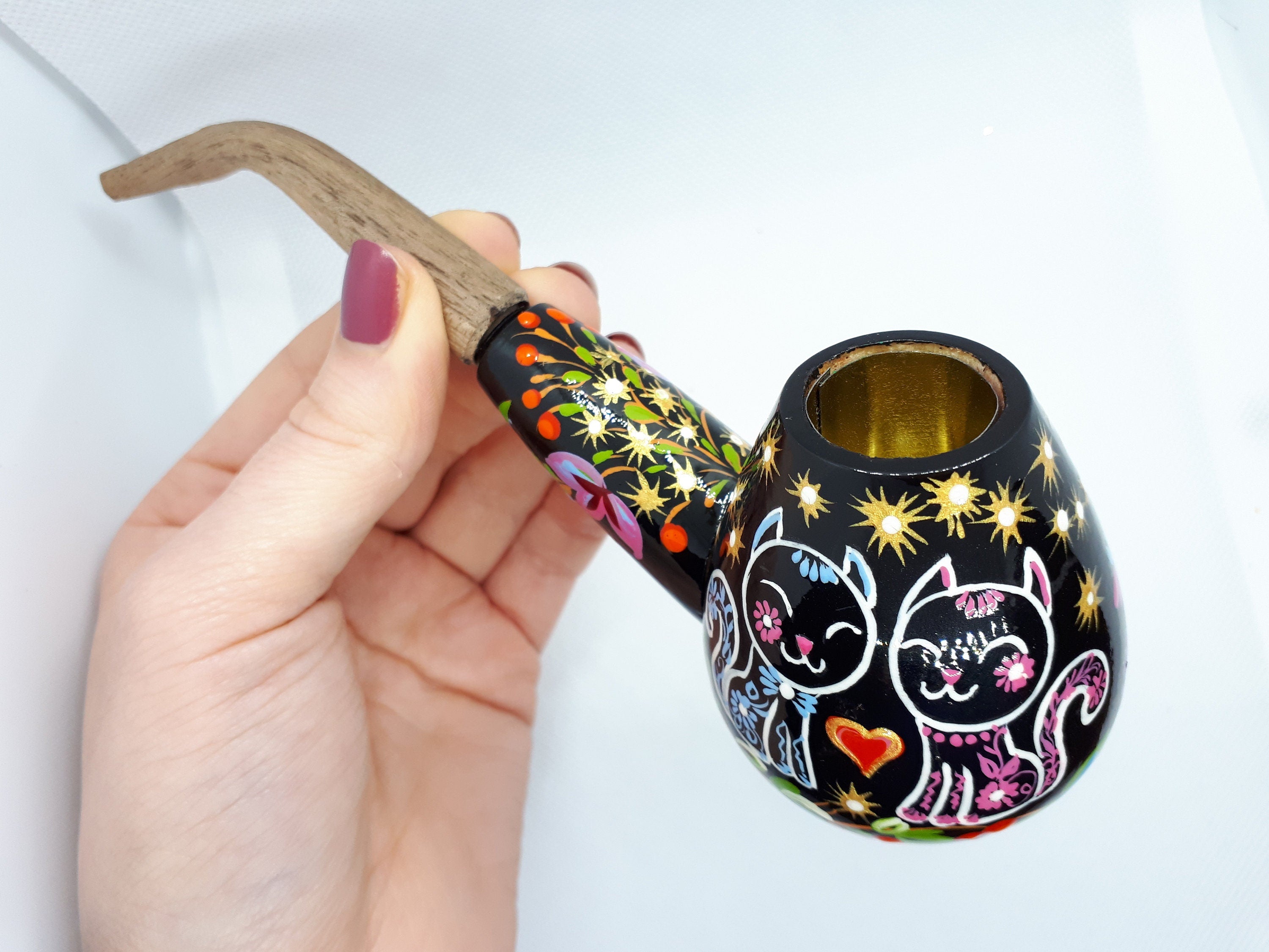 Painted Wooden Smoking Pipe - Cat Couple Tobacco Pipe with Ukrainian Folk Art Petrykivka