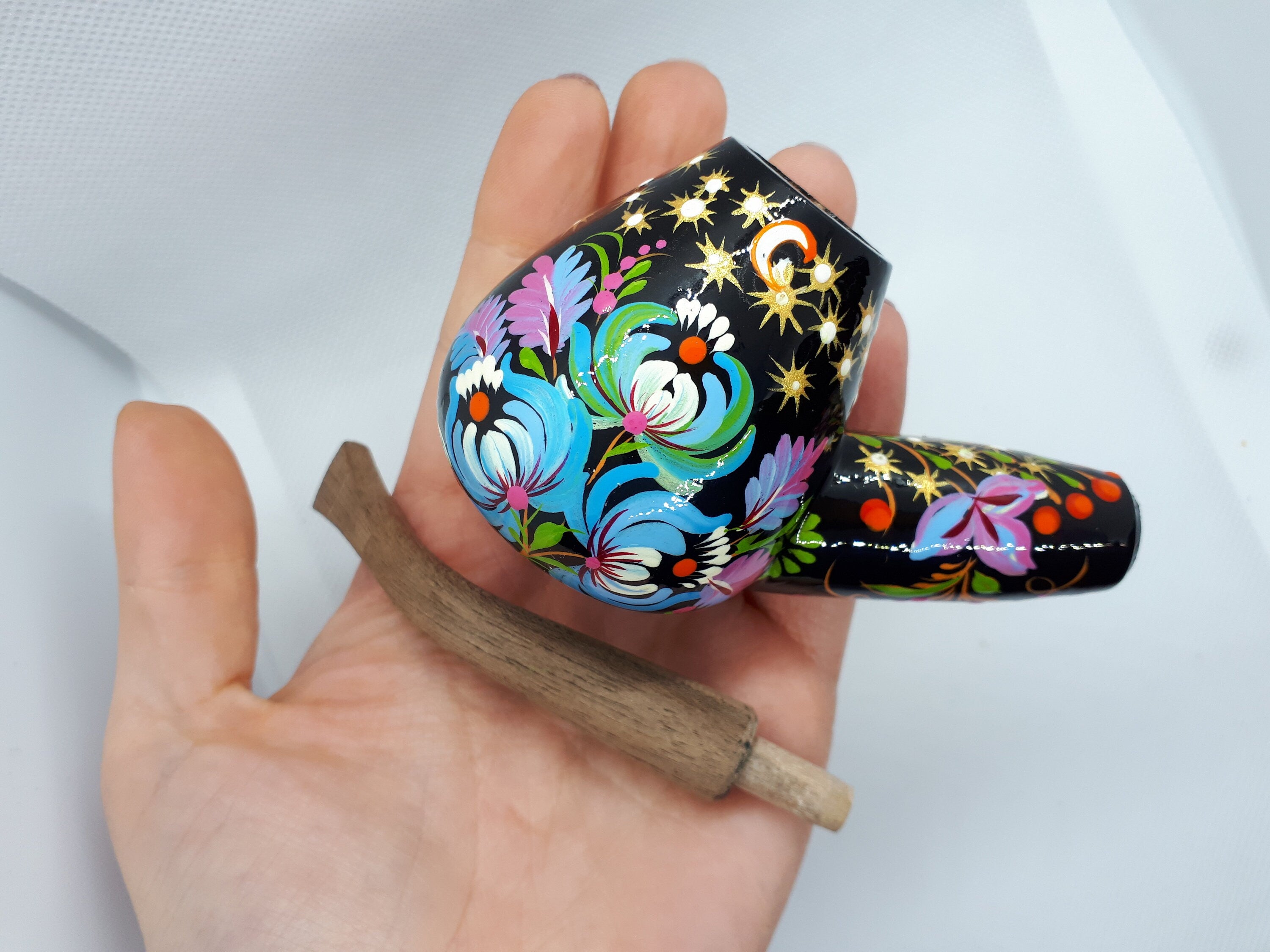 Painted Wooden Smoking Pipe - Cat Couple Tobacco Pipe with Ukrainian Folk Art Petrykivka