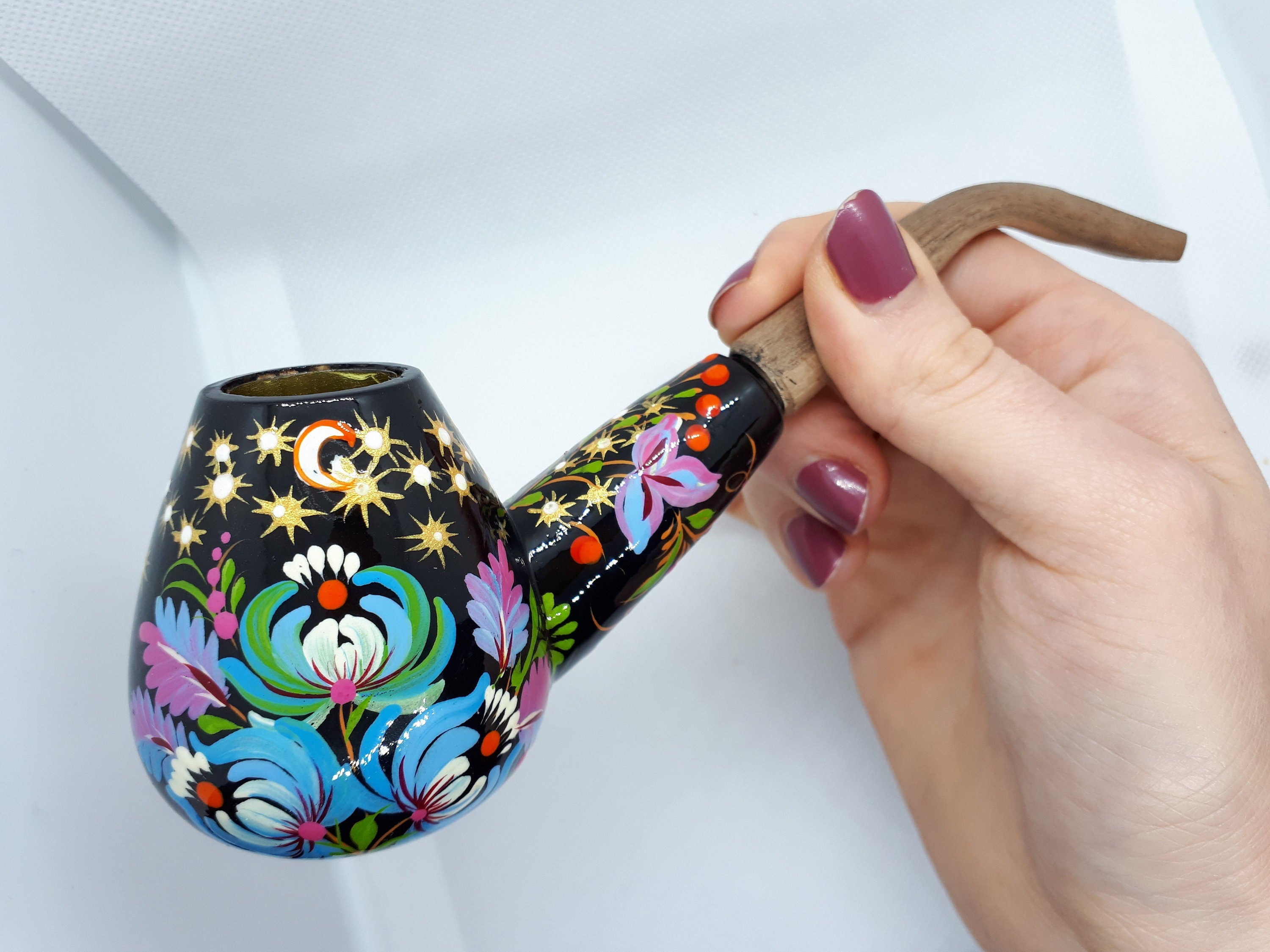 Painted Wooden Smoking Pipe - Cat Couple Tobacco Pipe with Ukrainian Folk Art Petrykivka